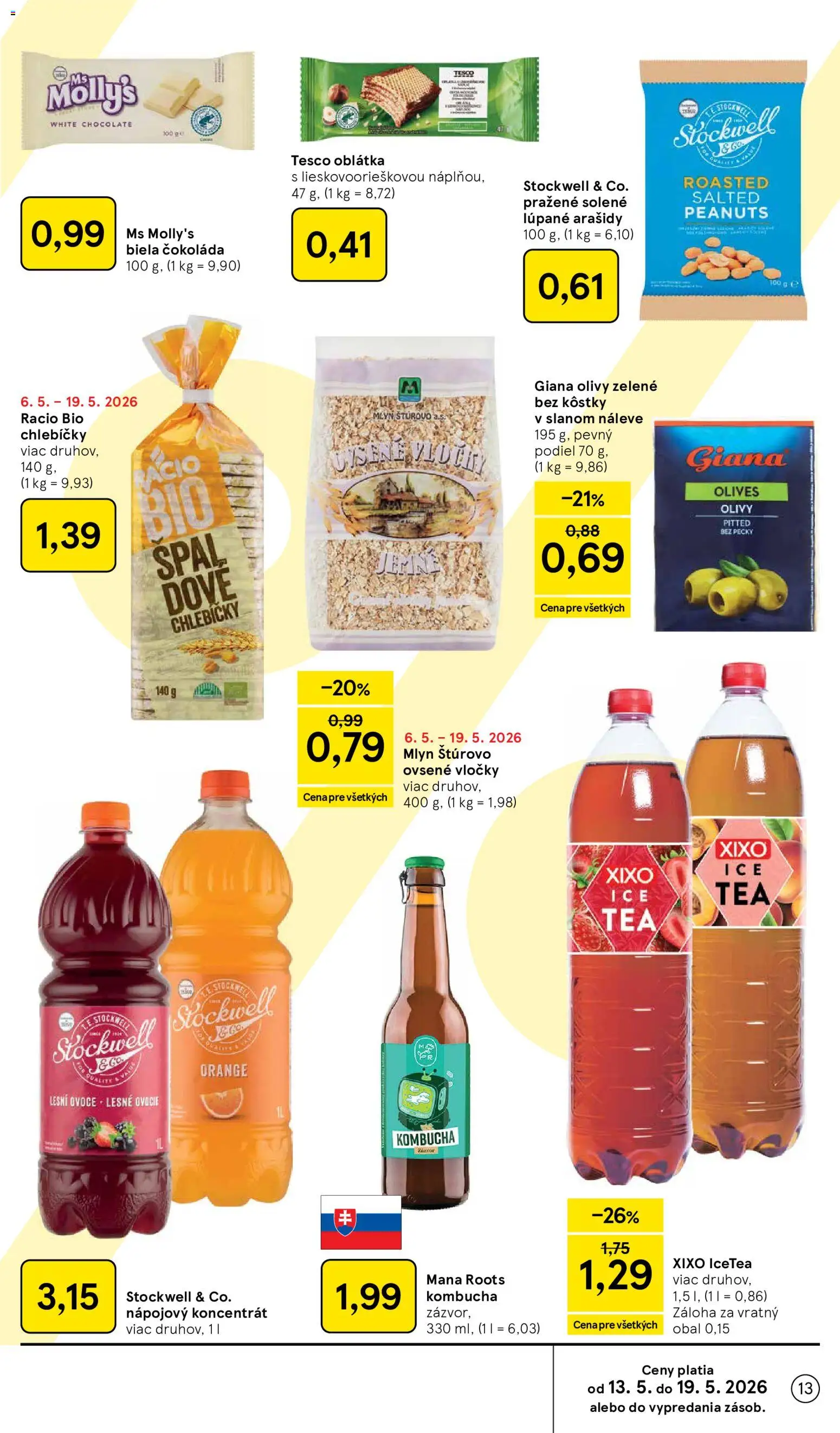 Nové Tesco akcie – leták je platný od 13.05.2026 | Strana: 13 | Produkty: Čokoláda, Vločky, Arašidy, Ovocie