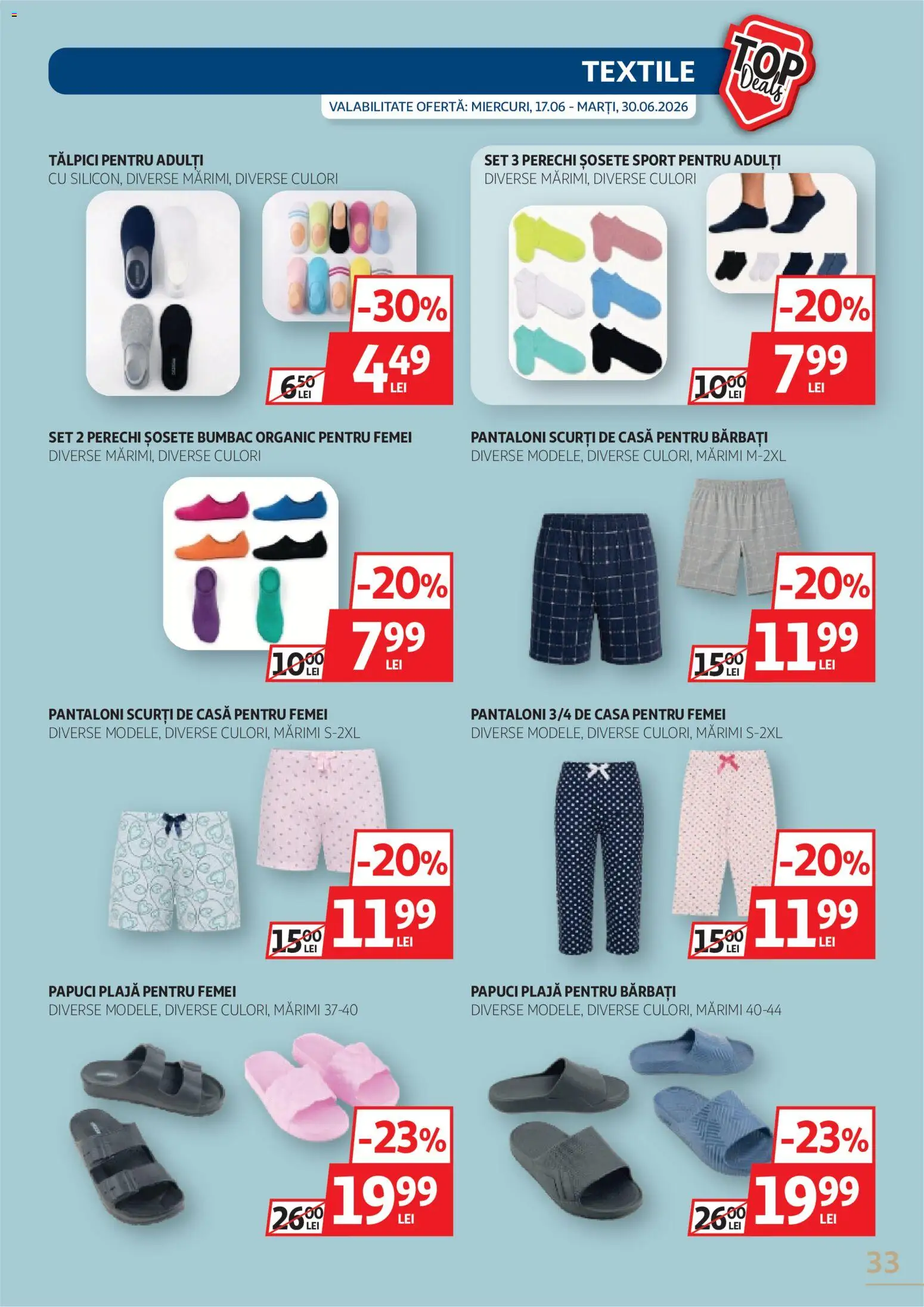 Noul catalog Auchan – valabil de la 17.06.2026 | Pagină: 33 | Produse: Tălpici, Pantaloni, Pantaloni scurți, Șosete