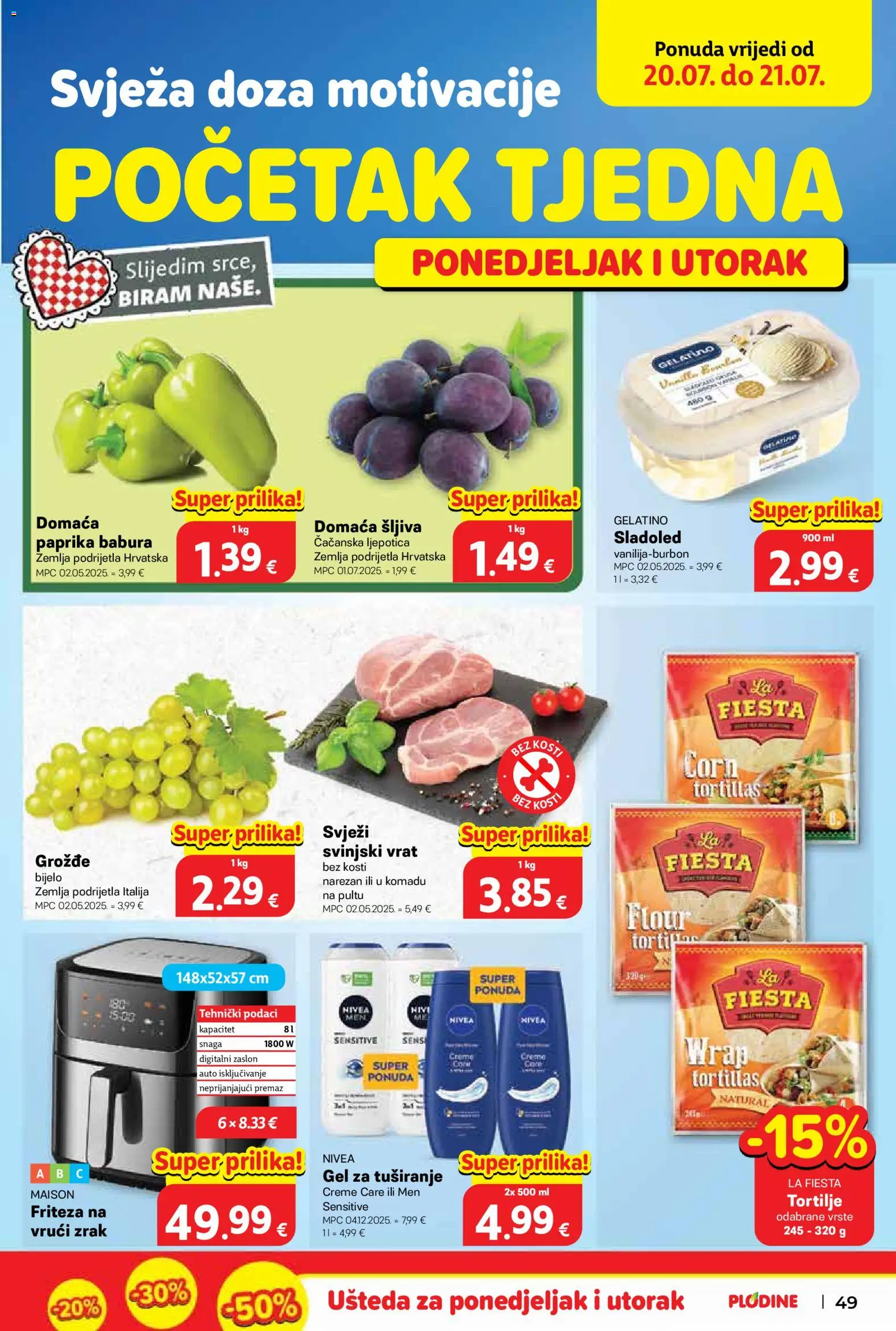 Plodine katalog | vrijedi od 15.07.2026 | Stranica: 49 | Proizvodi: Friteza, Svinjski vrat, Paprika, Šljiva