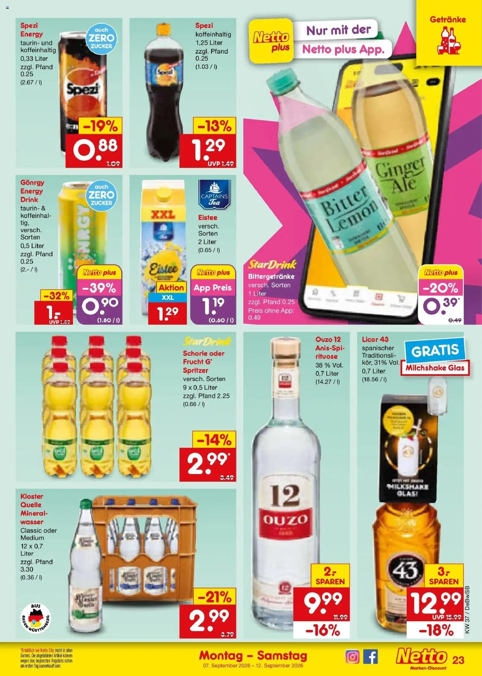 Netto Marken-Discount Prospekt Waiblingen-Bittenfeld – gültig ab 07.09.2026 | Seite: 33 | Produkte: Ouzo 12, Energy, Wasser, Zucker