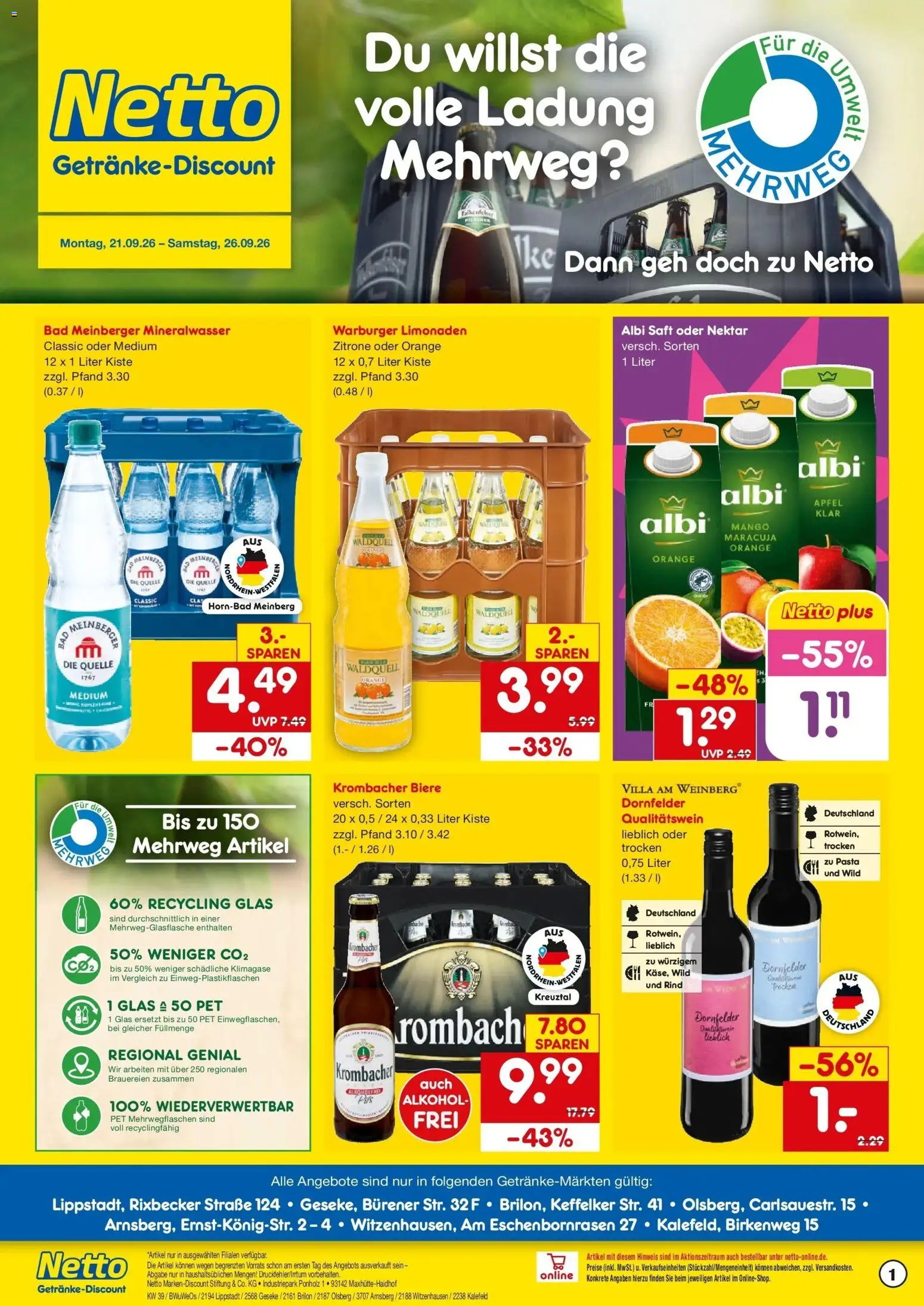 Netto Marken-Discount Prospekt Lippstadt – gültig ab 21.09.2026 | Seite: 1 | Produkte: Bad, Alkohol, Pasta, Saft