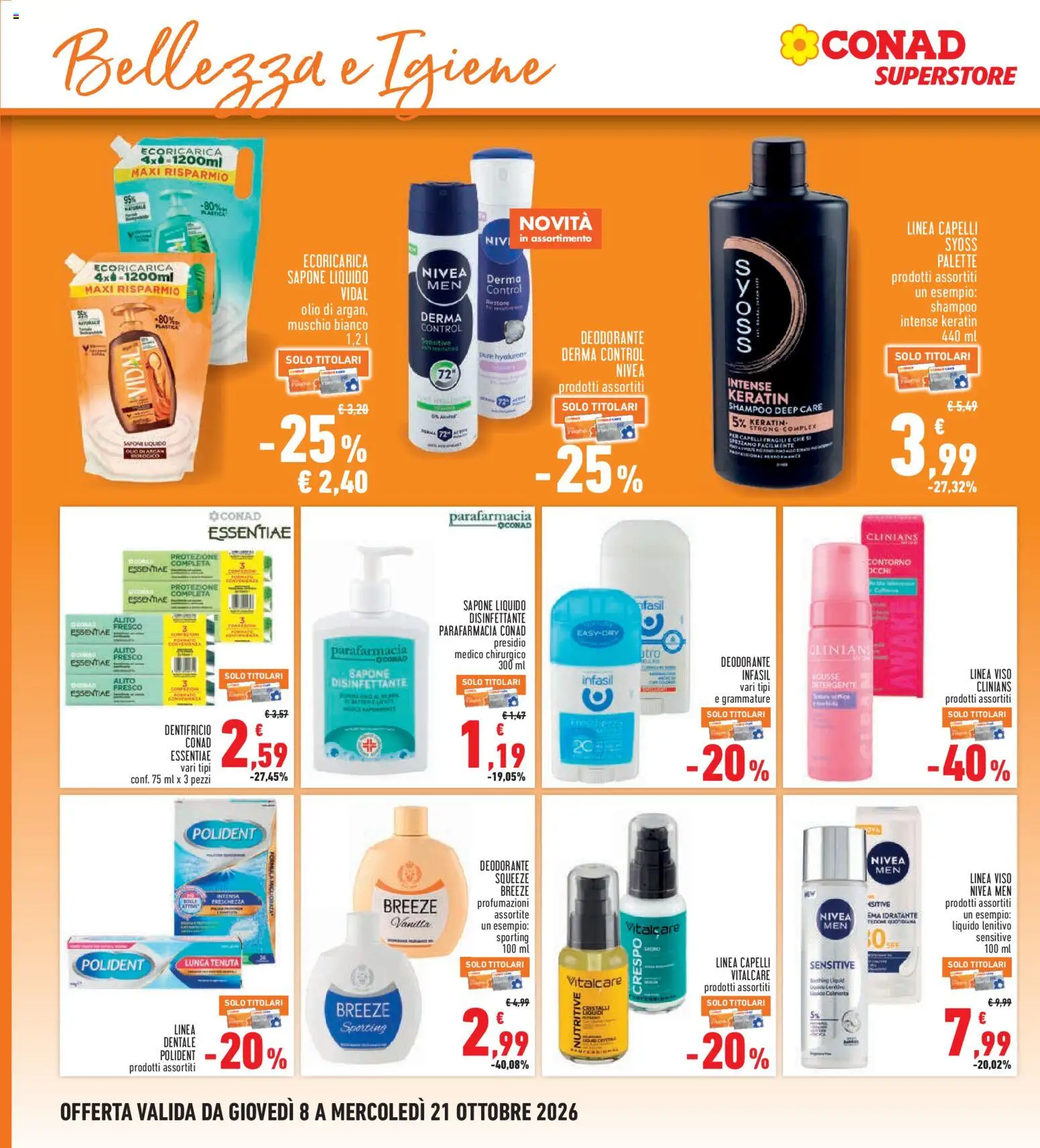 Volantino Conad del 08/10/2026 | Pagina: 20 | Prodotti: Deodorante, Dentifricio, Detergente, Olio
