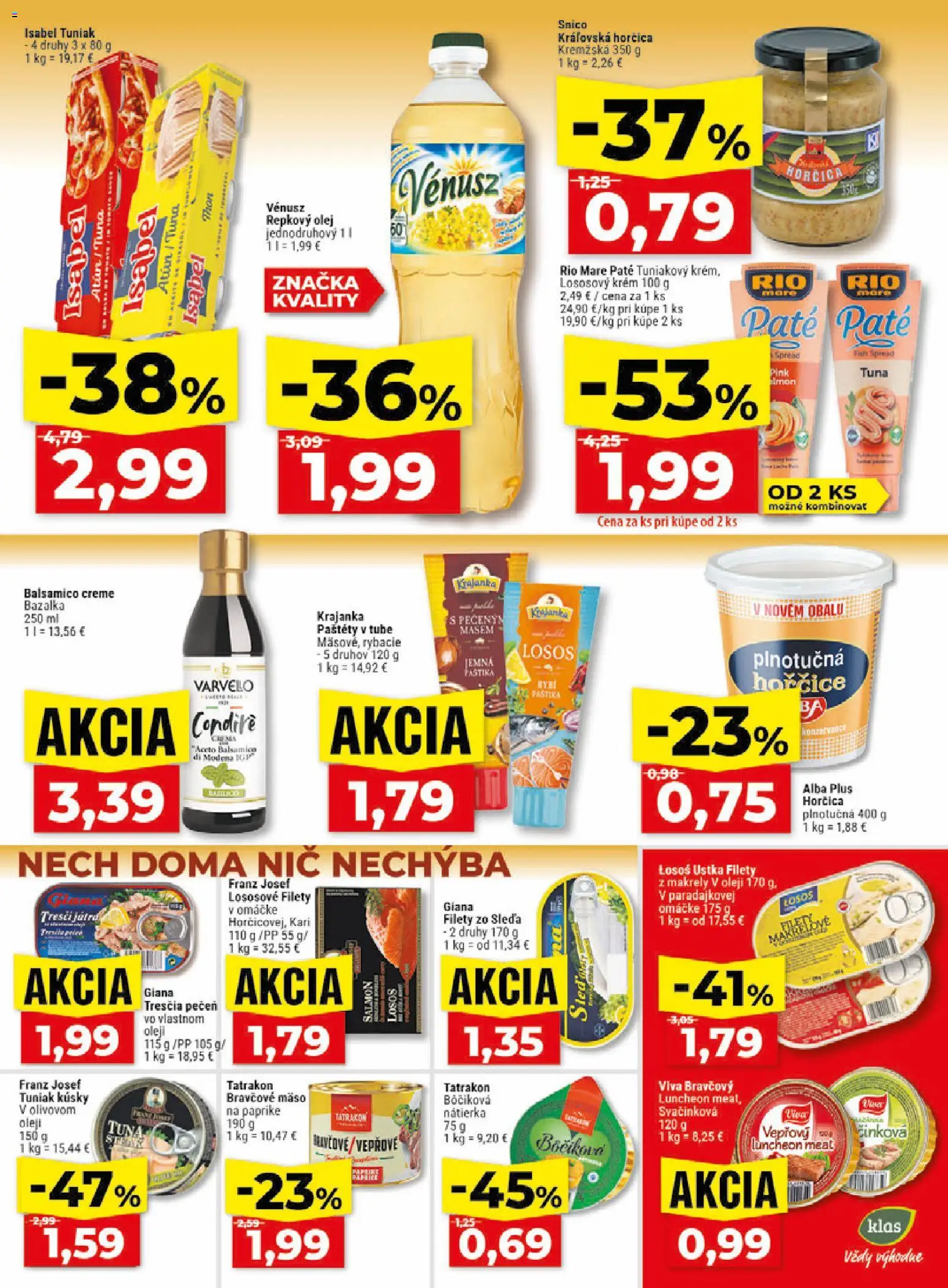 Nové Klas akcie – leták je platný od 29.06.2026 | Strana: 16 | Produkty: Olej, Tuniak, Repkový olej, Krém