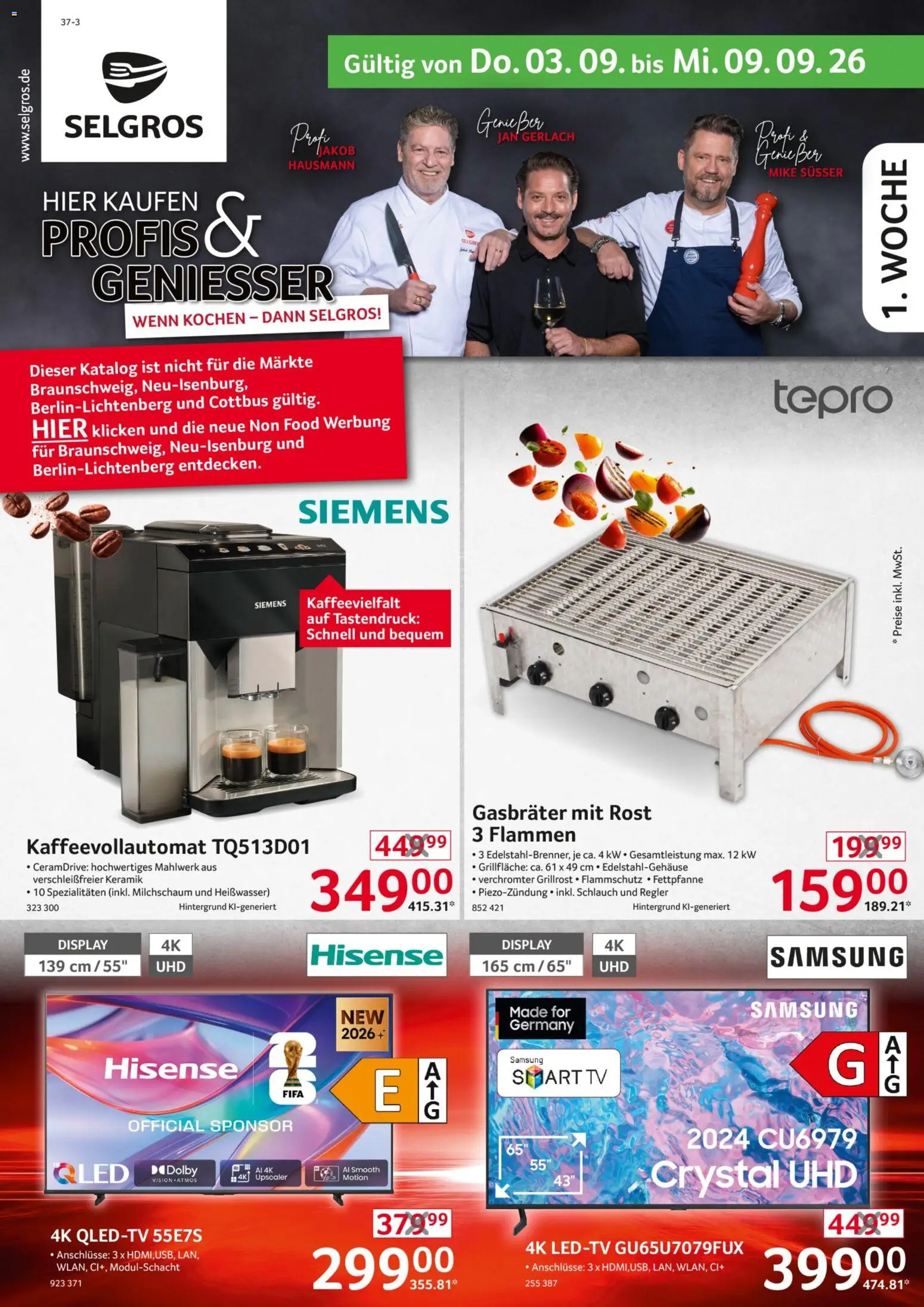 Selgros Non Food – gültig ab 03.09.2026 | Seite: 1 | Produkte: Hisense, Siemens, Spezialitäten, TV