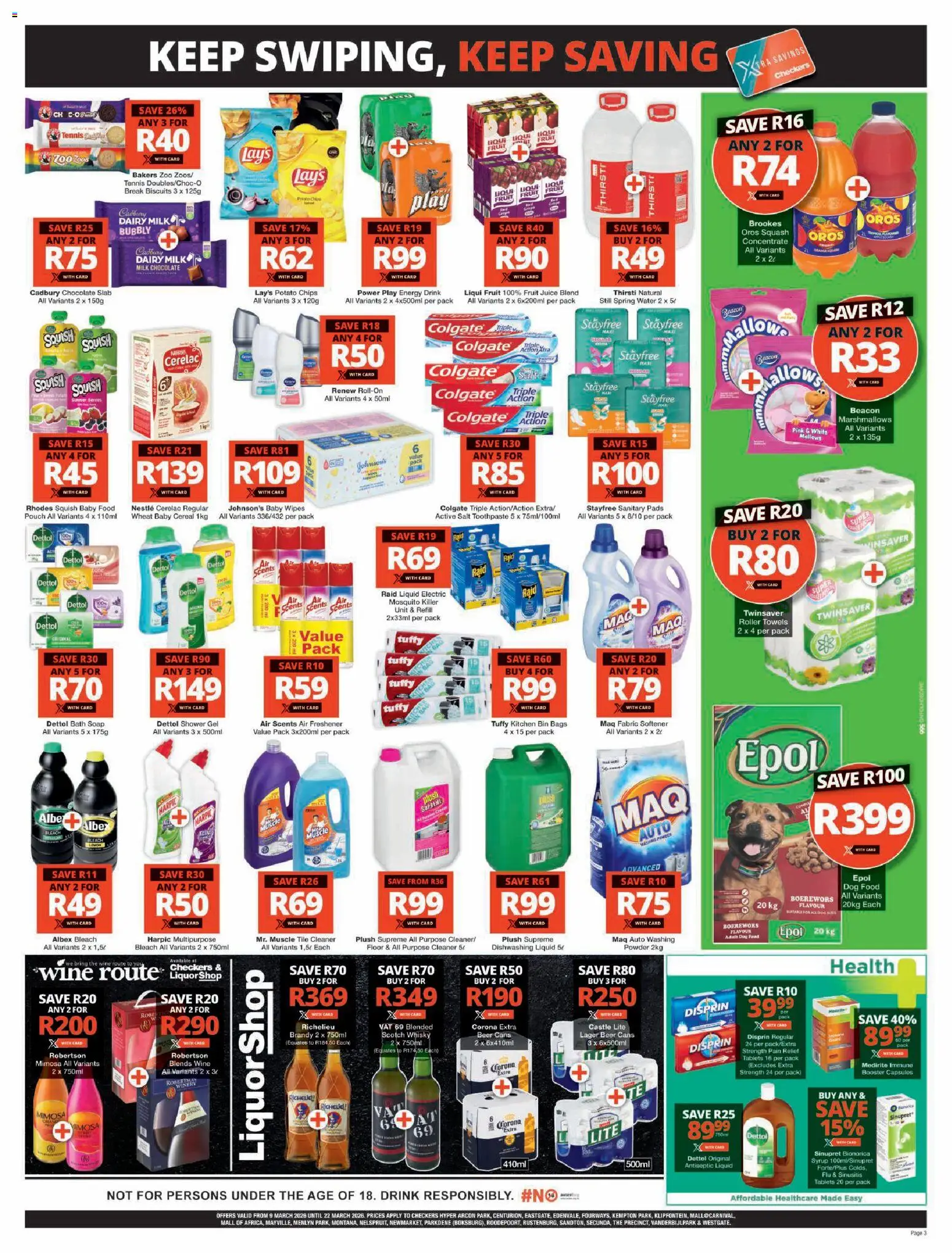 New Checkers catalogue – valid from 09.03.2026 | Page: 3 | Products: Shower, Juice, Wine, Toothpaste