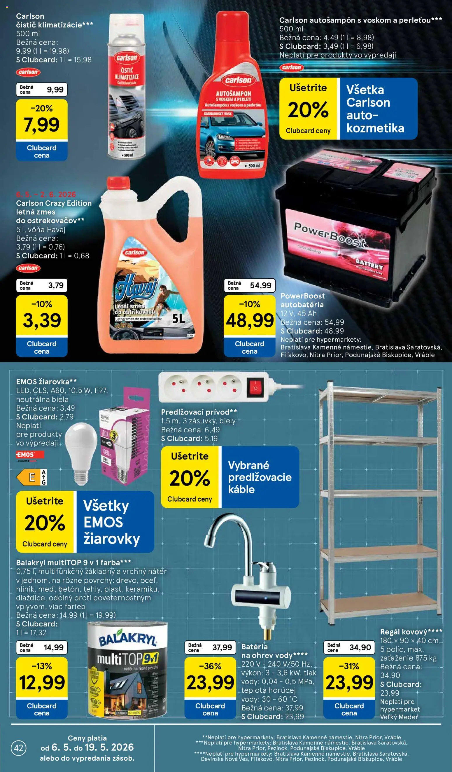 Nové Tesco akcie – leták je platný od 06.05.2026 | Strana: 42 | Produkty: Regál, Žiarovka, Žiarovky, Autobatéria