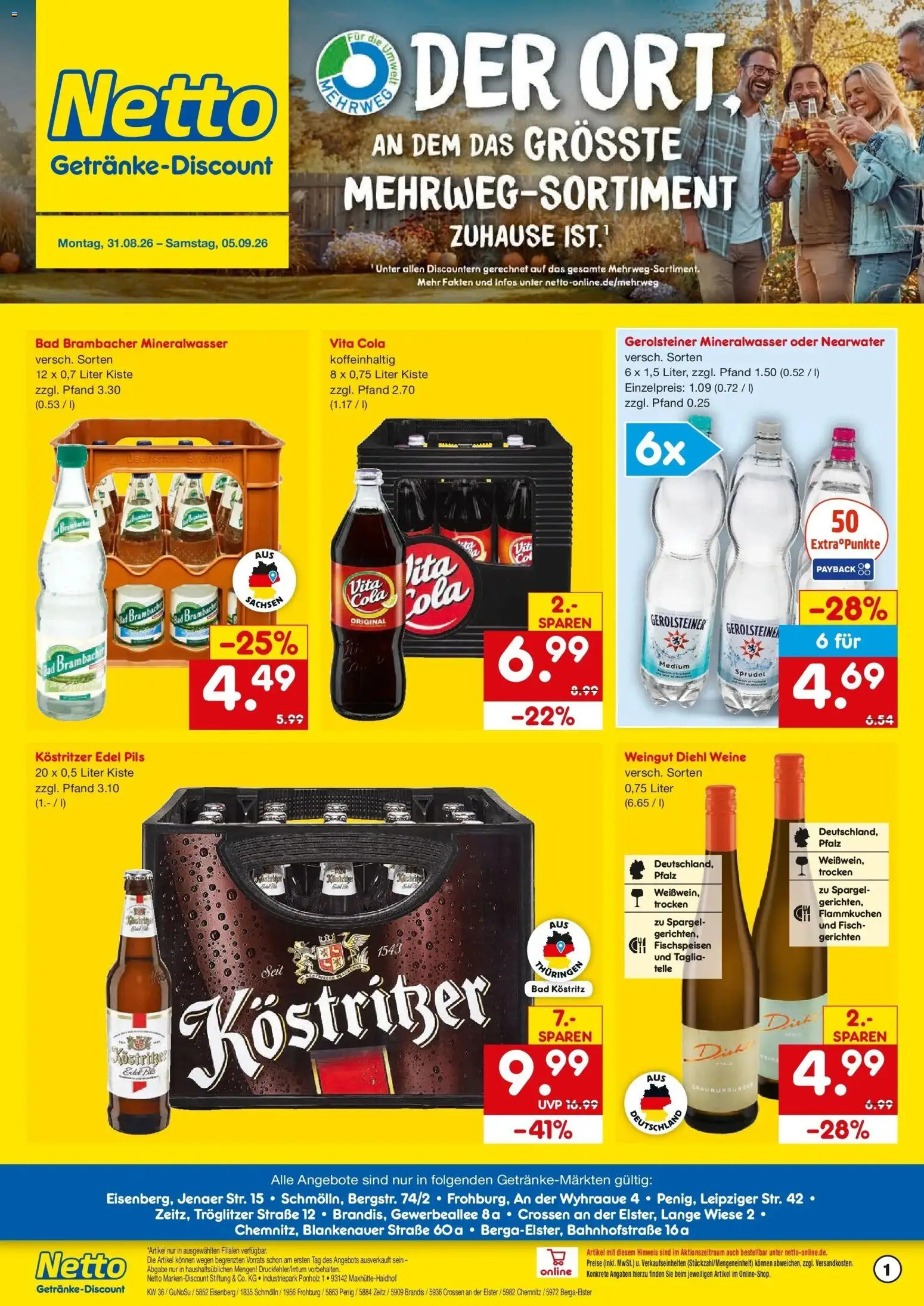 Netto Marken-Discount Prospekt Schmölln – gültig ab 31.08.2026 | Seite: 1 | Produkte: Cola, Pils, Mineralwasser, Fisch