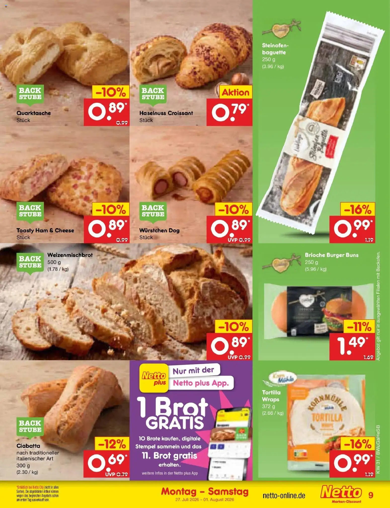 Netto Marken-Discount Prospekt Bielefeld – gültig ab 27.07.2026 | Seite: 11 | Produkte: Burger, Baguette, Croissant, Brot