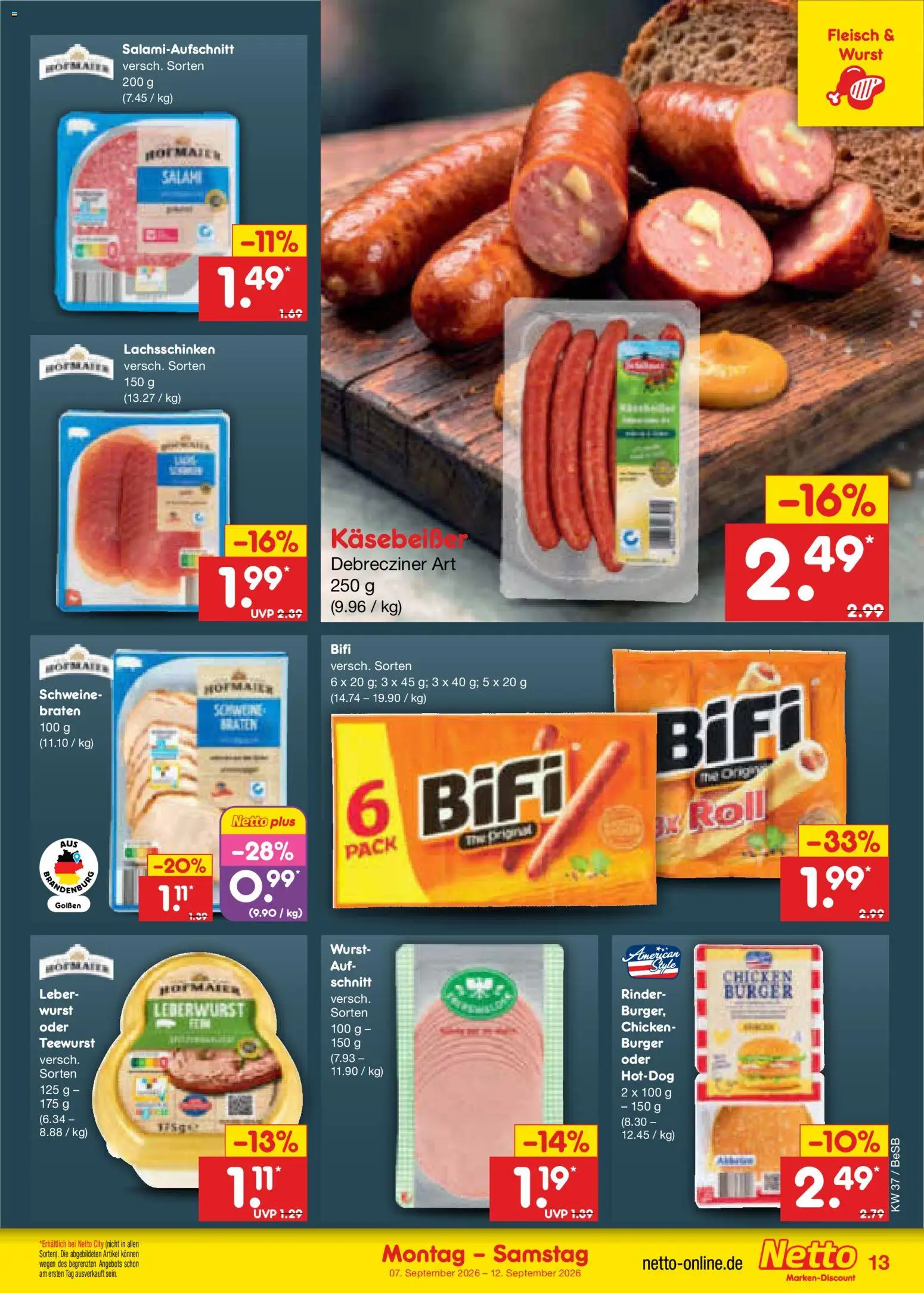 Netto Marken-Discount Prospekt – gültig ab 07.09.2026 | Seite: 19 | Produkte: Bifi, Burger, Wurst, Fleisch
