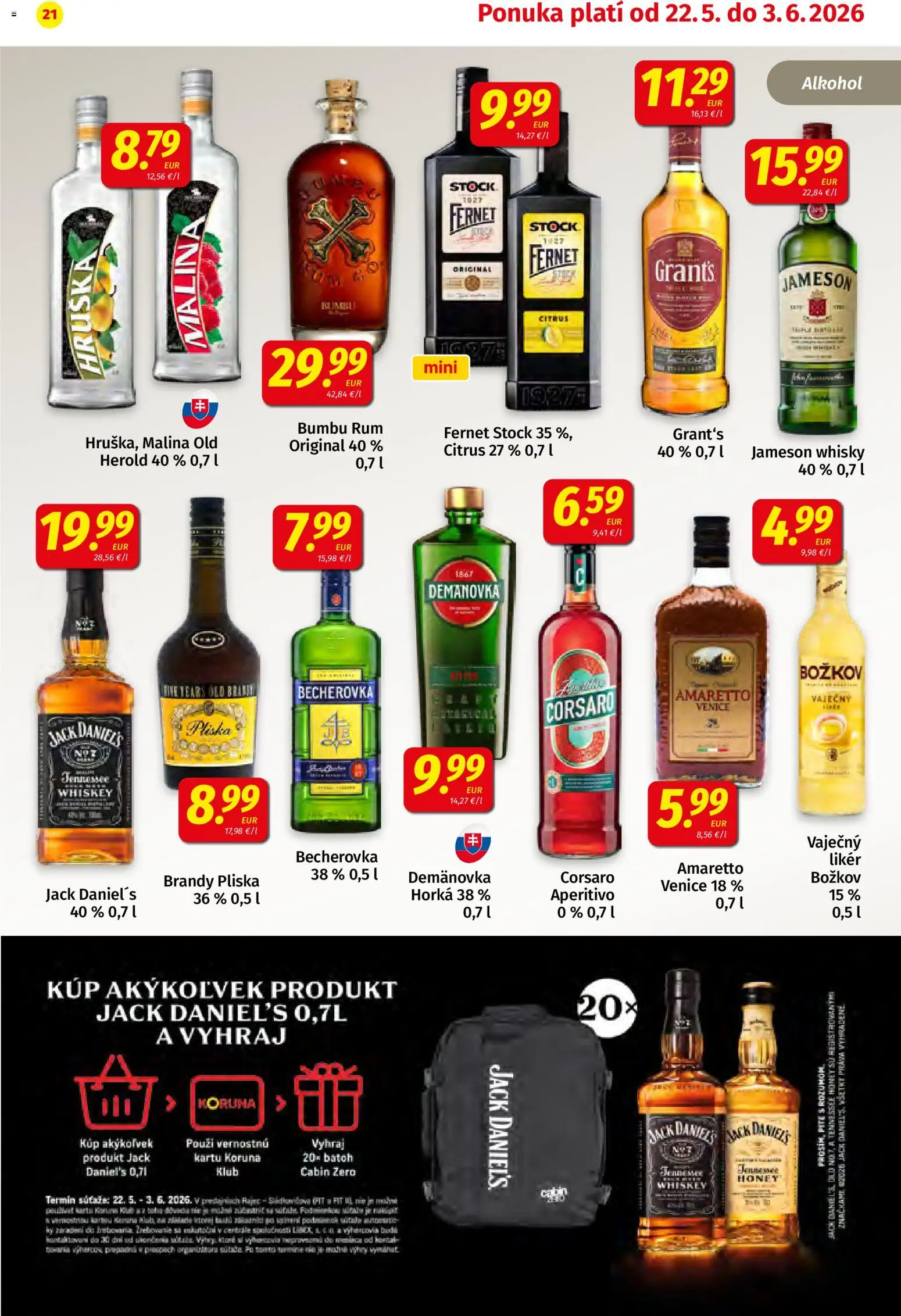 Nové Koruna akcie – leták je platný od 22.05.2026 | Strana: 21 | Produkty: Jameson, Fernet, Fernet Stock, Jack Daniel's