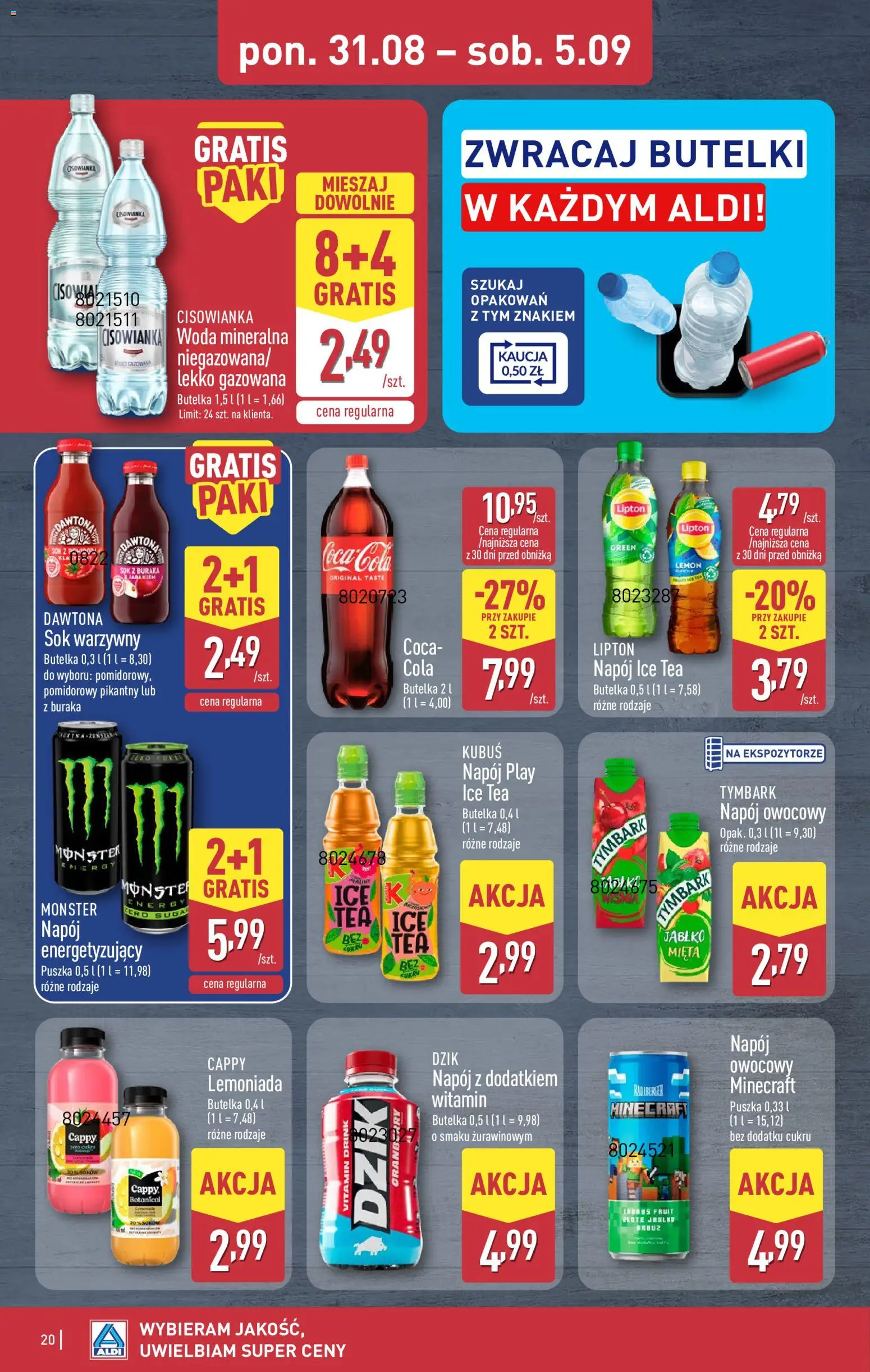 Aldi gazetka od 31.08.2026 | Strona: 20 | Produkty: Woda mineralna, Tymbark, Sok, Woda