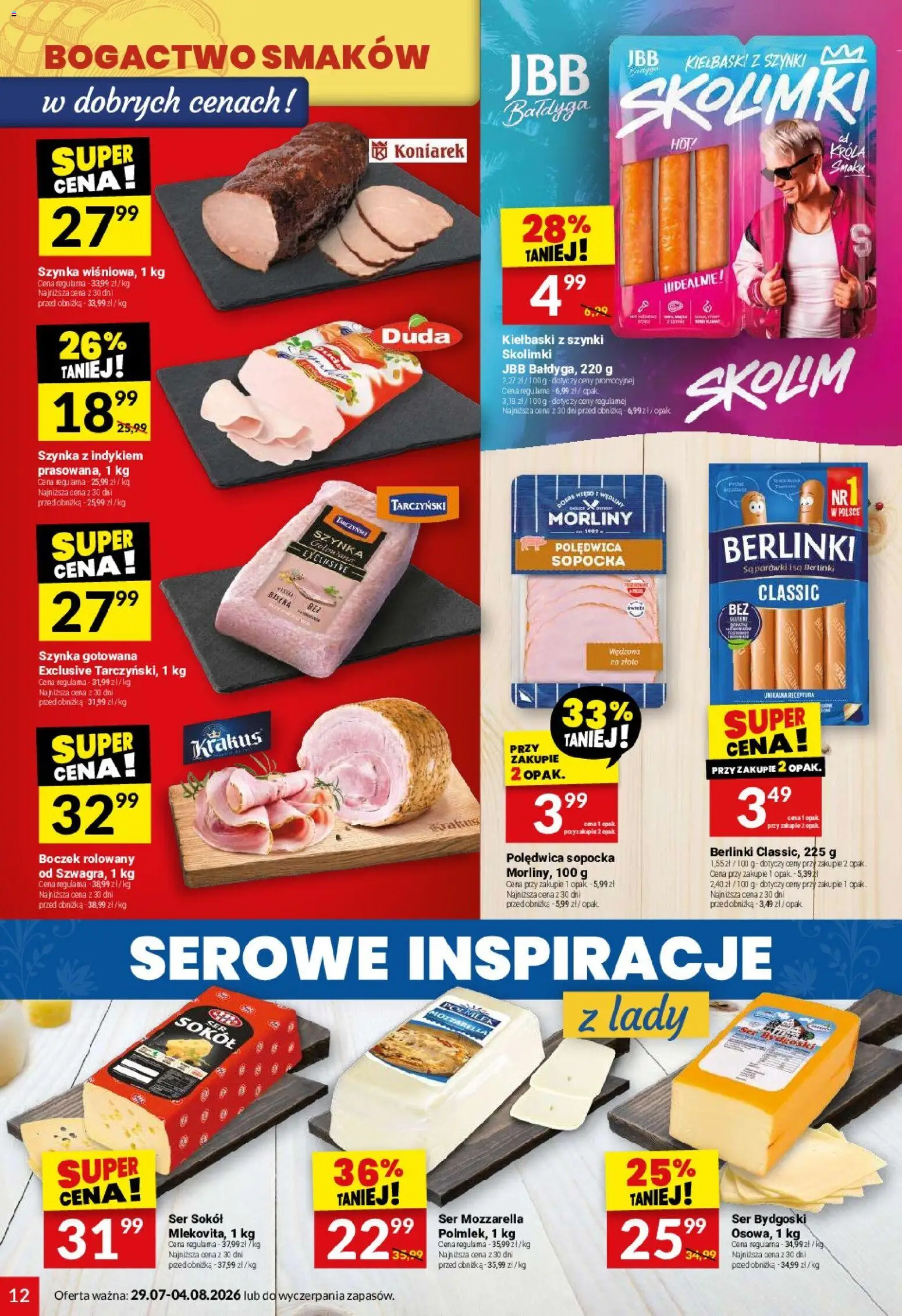 Twój Market gazetka od 29.07.2026 | Strona: 12 | Produkty: Kiełbaski, Boczek, Ser, Mozzarella