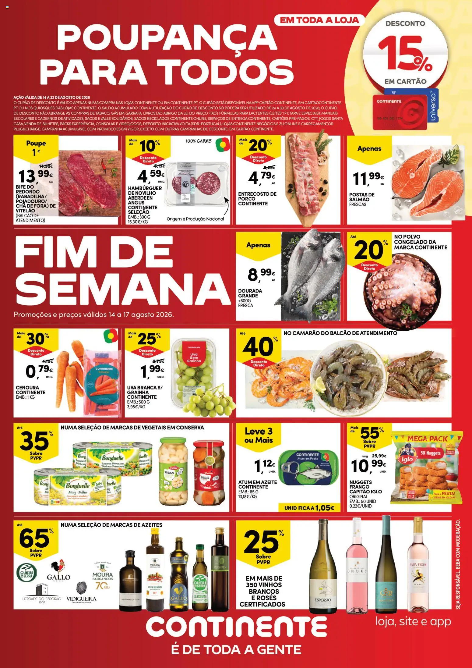 Continente Fim de Semana à Continente │ válido de 14/08/2026 | Página: 1 | Produtos: Jogos, Papa, Atum em azeite, Nuggets