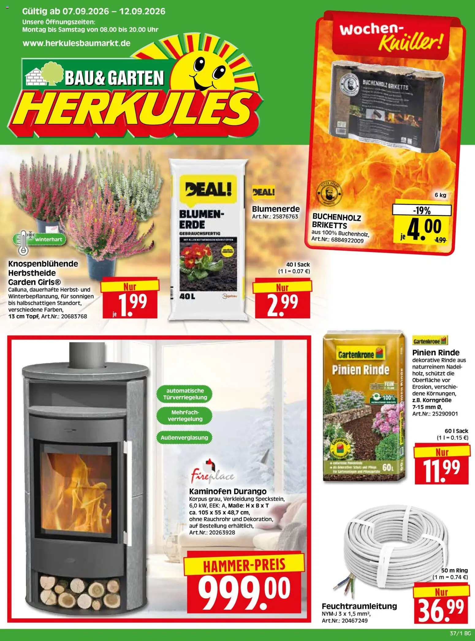 HERKULES Bau & Garten – gültig ab 07.09.2026 | Seite: 1 | Produkte: Blumen, Kaminofen, Blumenerde, Uhr