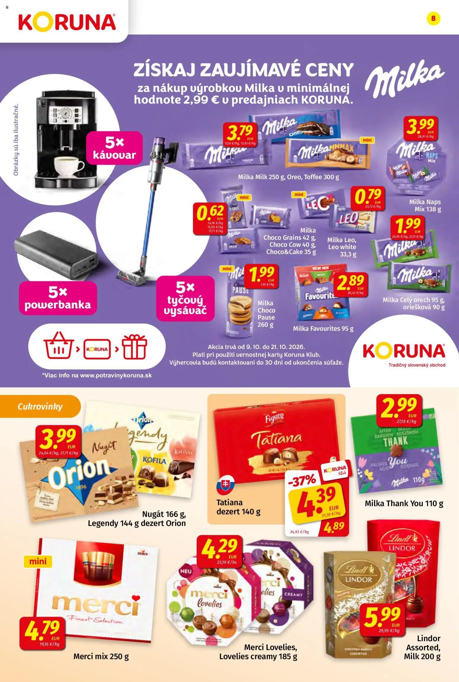 Nové Koruna akcie – leták je platný od 09.10.2026 | Strana: 8 | Produkty: Kávovar, Vysávač, Lindor, Dezert
