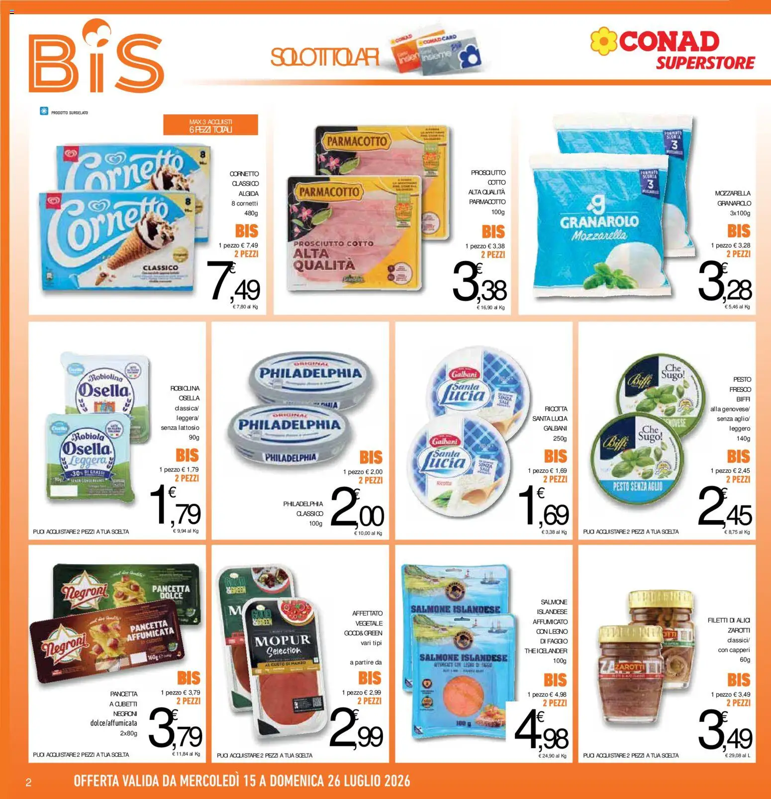 Volantino Conad del 15/07/2026 | Pagina: 2 | Prodotti: Manzo, Mozzarella, Aglio, The