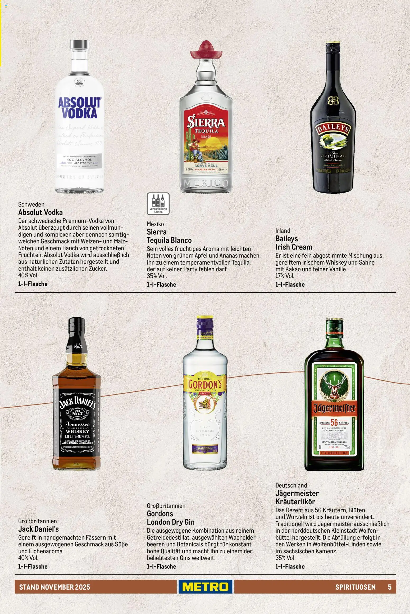 Metro - Spirituosen Sortiment – gültig ab 01.12.2025 | Seite: 5 | Produkte: Äpfel, Jack Daniel's, Baileys, Vodka