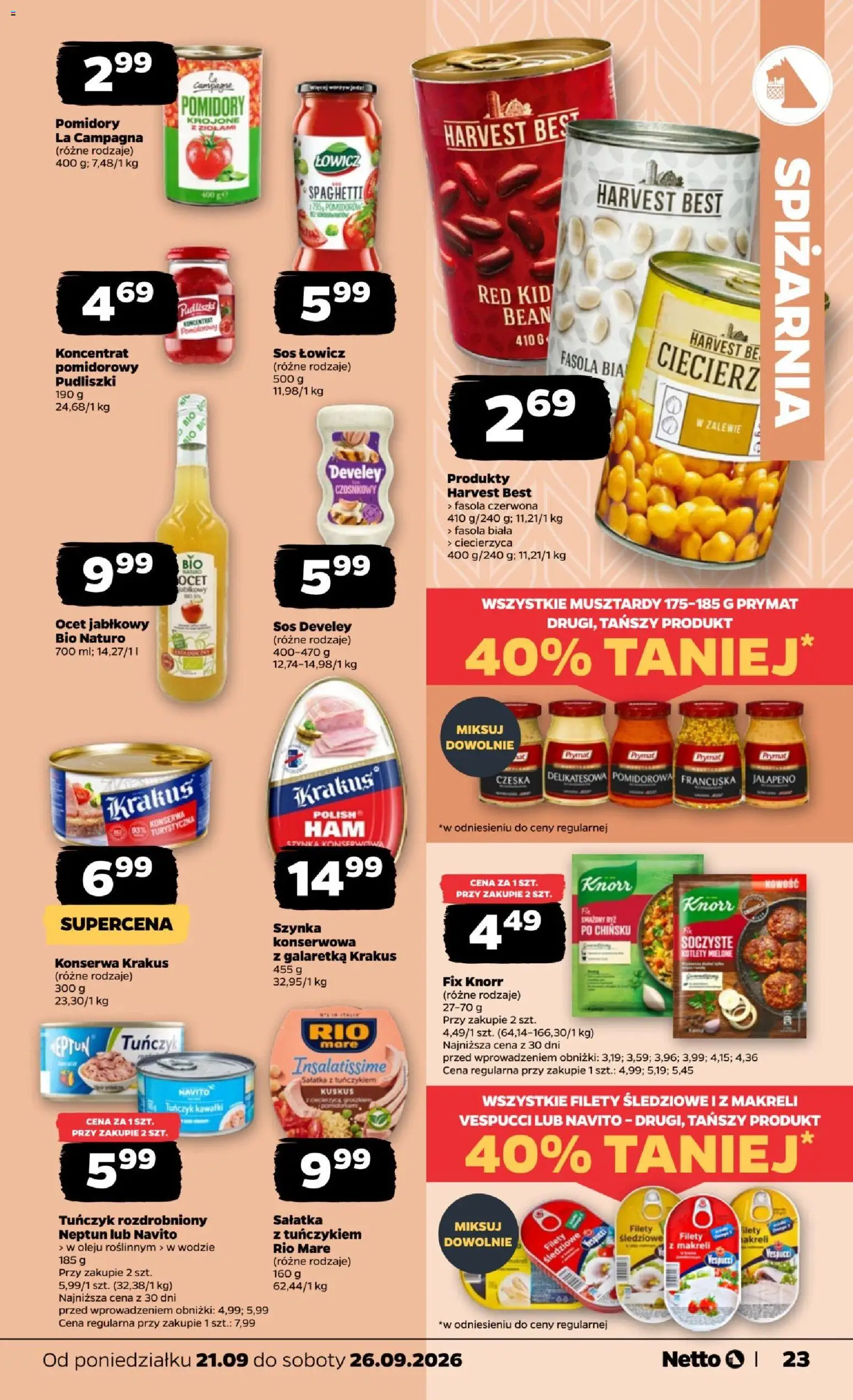Netto gazetka od poniedziałku od 21.09.2026 | Strona: 23 | Produkty: Spaghetti, Kuskus, Ciecierzyca, Tuńczyk