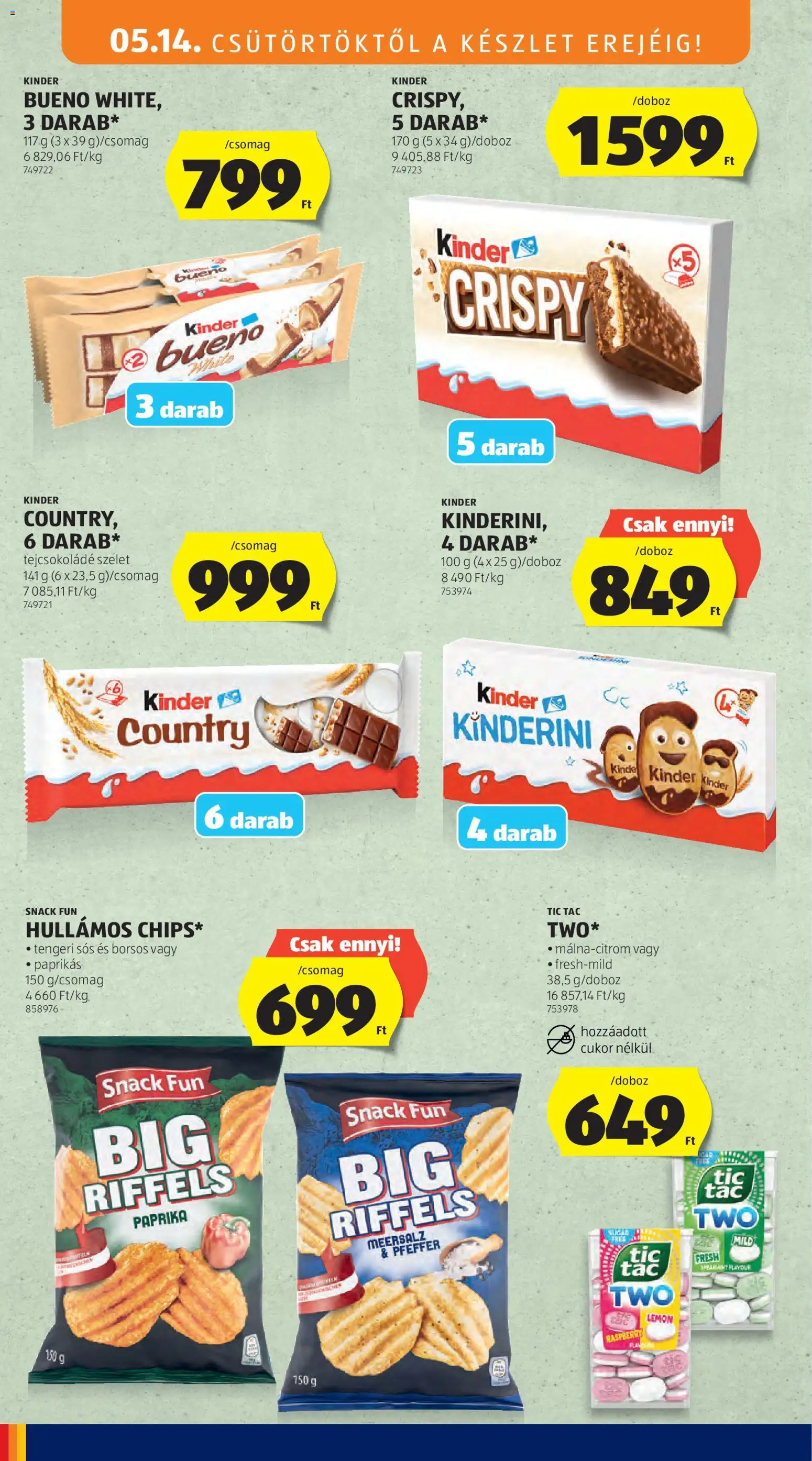 Aldi akciós ujság - amely érvényes a következő dátumtól: 14.05.2026 | Oldal: 20 | Termékek: Chips, Tejcsokoládé, Cukor
