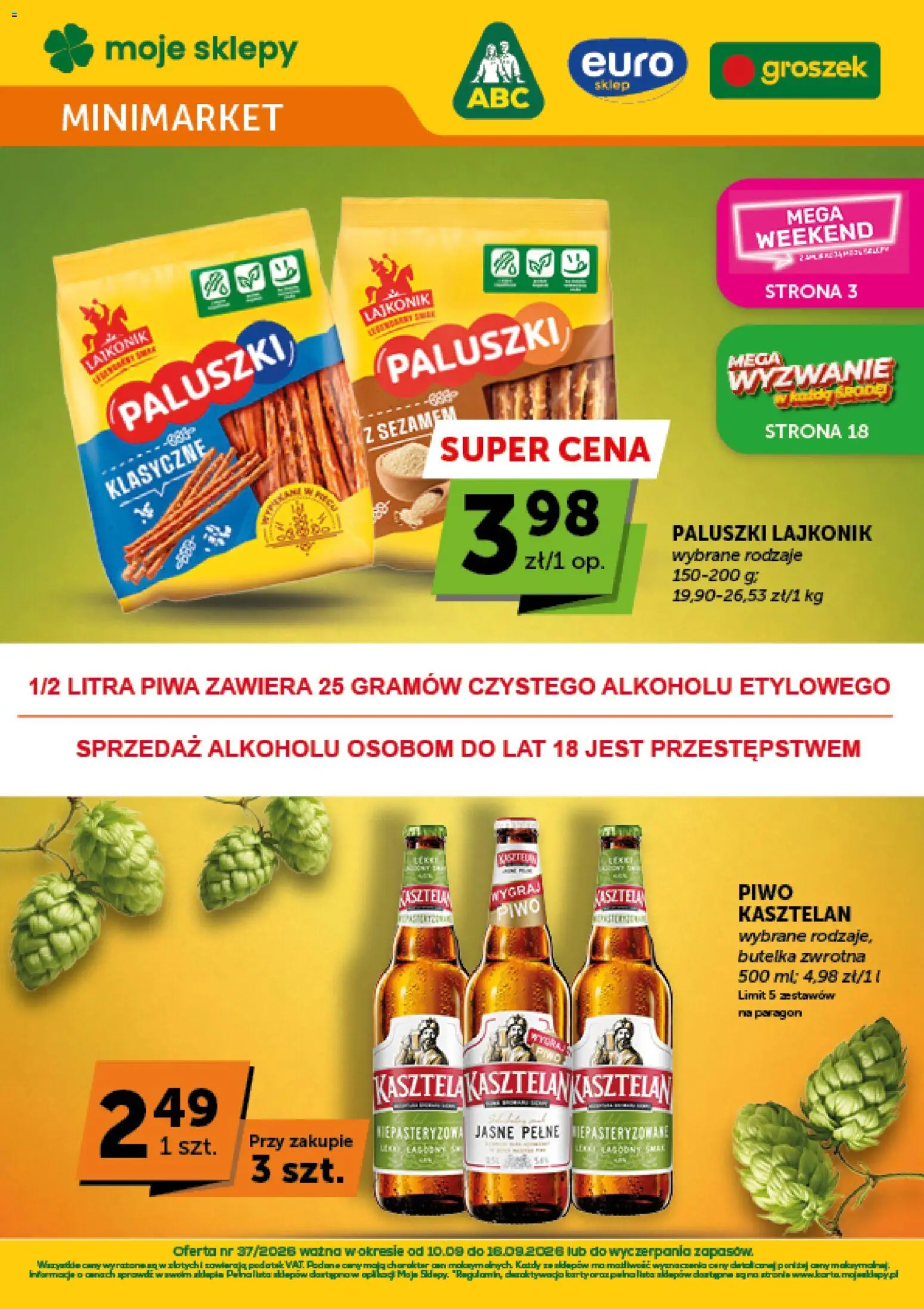 ABC gazetka - Minimarket od 10.09.2026 | Strona: 1 | Produkty: Groszek, Piwo kasztelan, Paluszki, Piwo