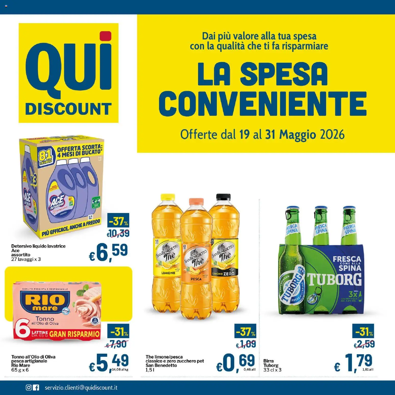 Volantino Qui Discount del 19.05.2026 | Pagina: 1 | Prodotti: Zucchero, Lavatrice, The, Tonno