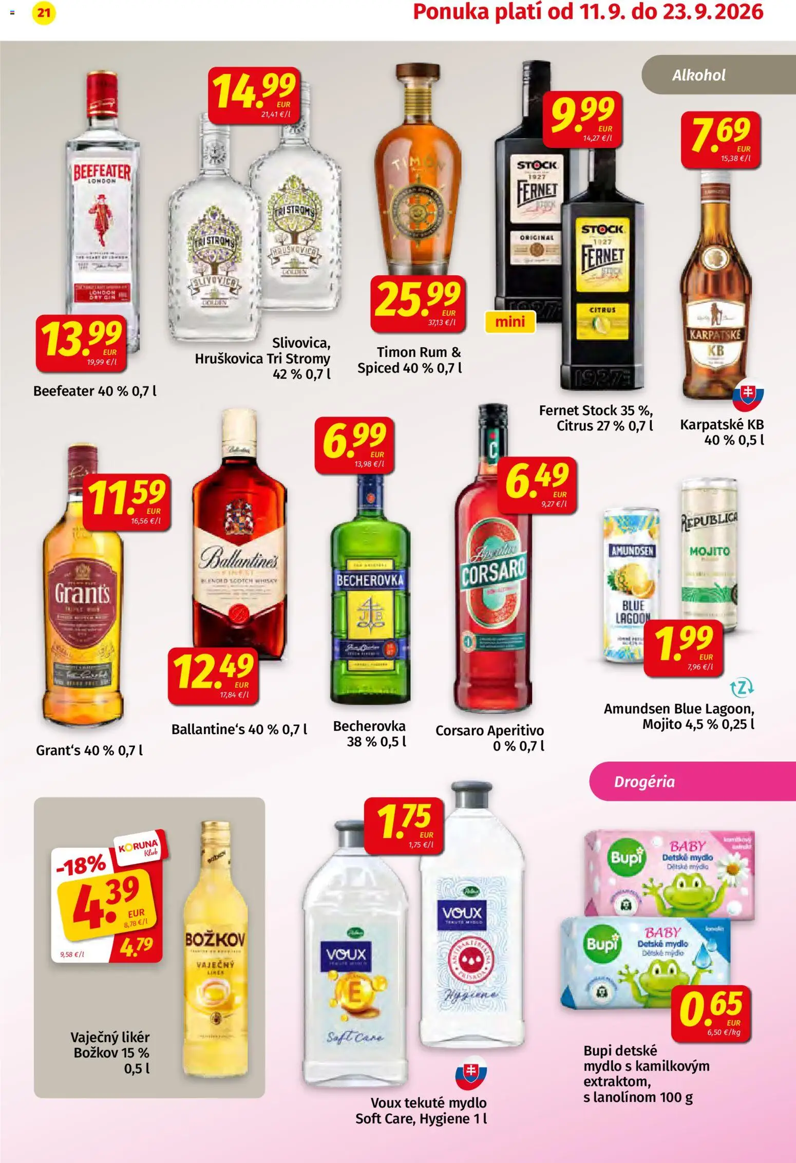 Nové Koruna akcie – leták je platný od 11.09.2026 | Strana: 21 | Produkty: Becherovka, Beefeater, Whisky, Fernet Stock
