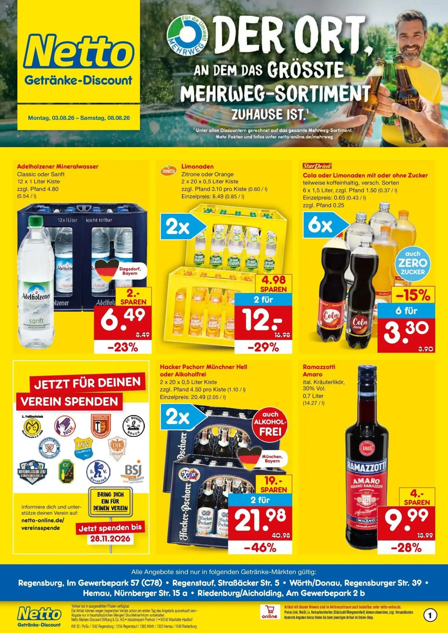 Netto Marken-Discount Prospekt Regensburg – gültig ab 03.08.2026 | Seite: 1 | Produkte: Cola, Adelholzener, Zucker, Zitrone