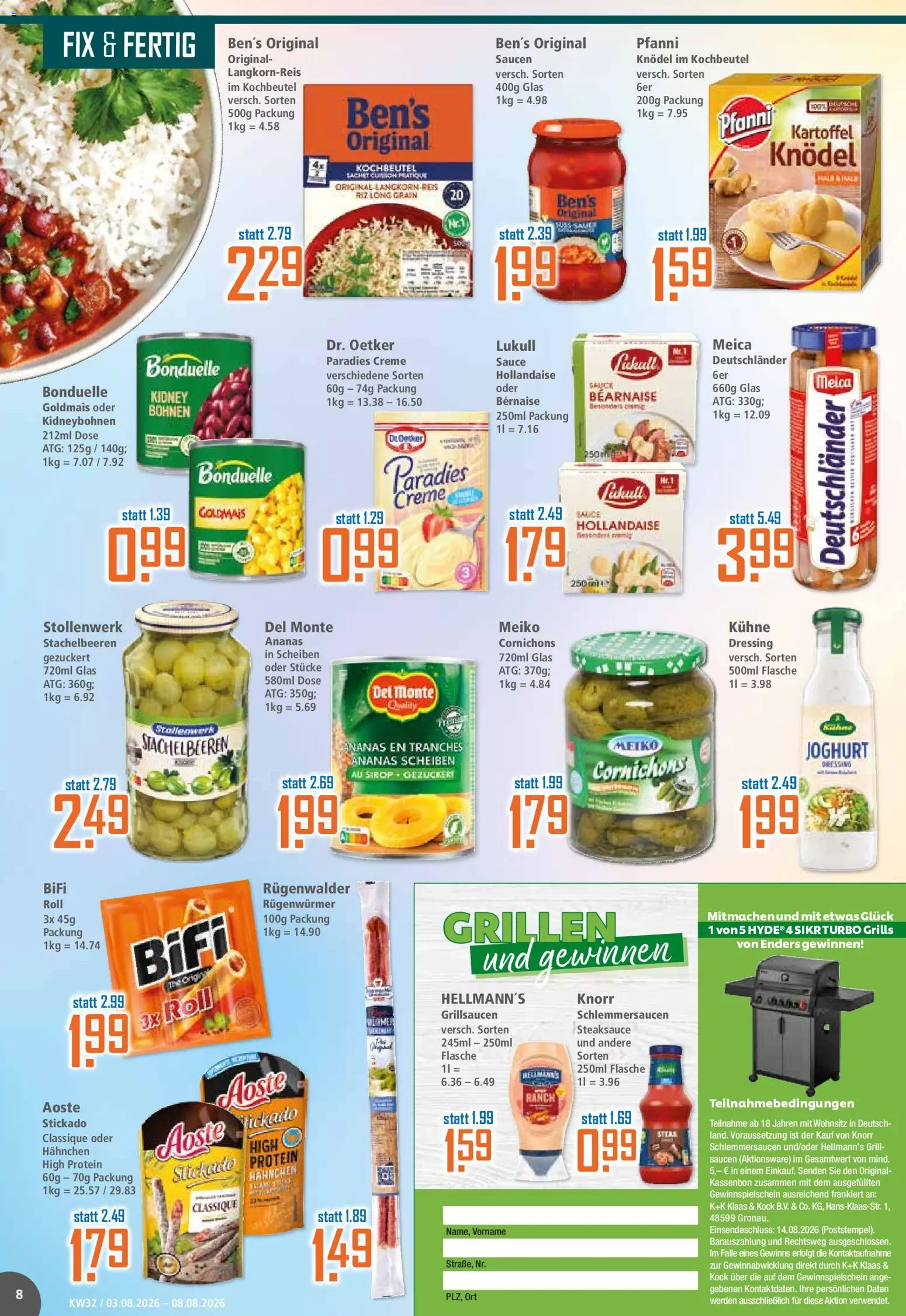 Klaas & Kock Prospekt – gültig ab 03.08.2026 | Seite: 8 | Produkte: Grill, Bifi, Dressing, Ananas