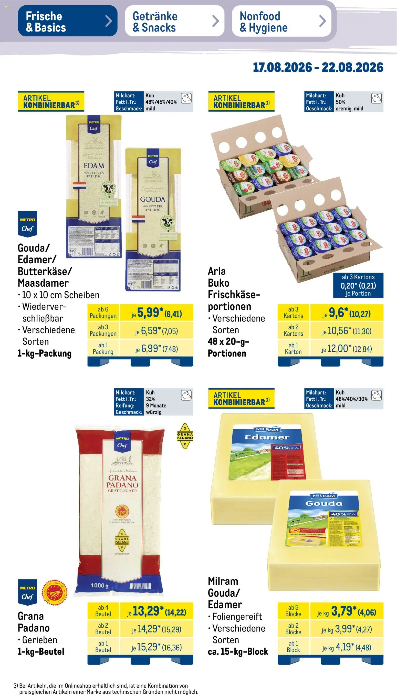 Metro Prospekt – gültig ab 17.08.2026 | Seite: 13 | Produkte: Grana Padano, Gouda, Milram, Frischkase