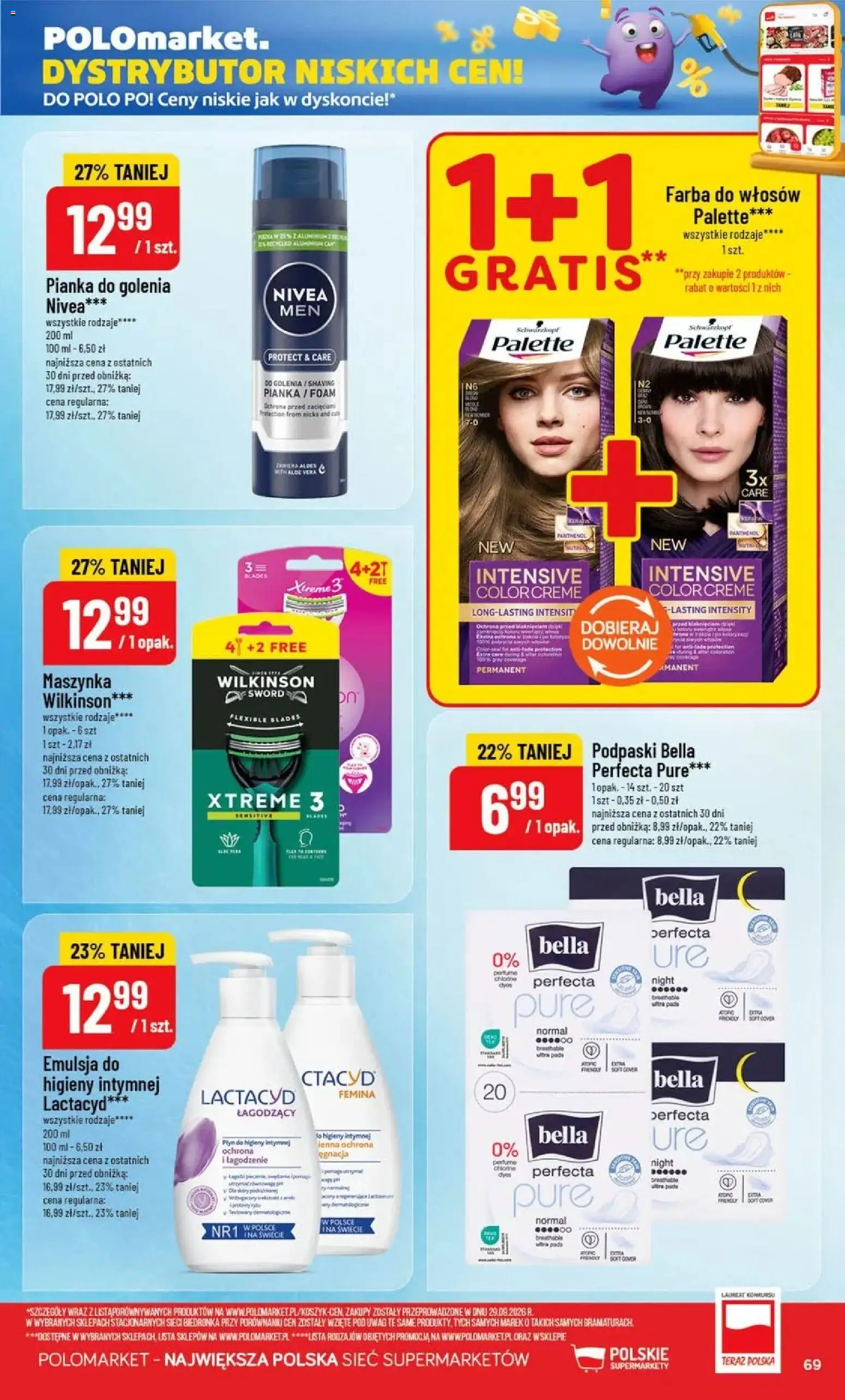 Nowa POLOmarket gazetka od jutra 07.10.2026 | Strona: 69 | Produkty: Podpaski bella, Podpaski, Pianka do golenia, Płyn do higieny intymnej