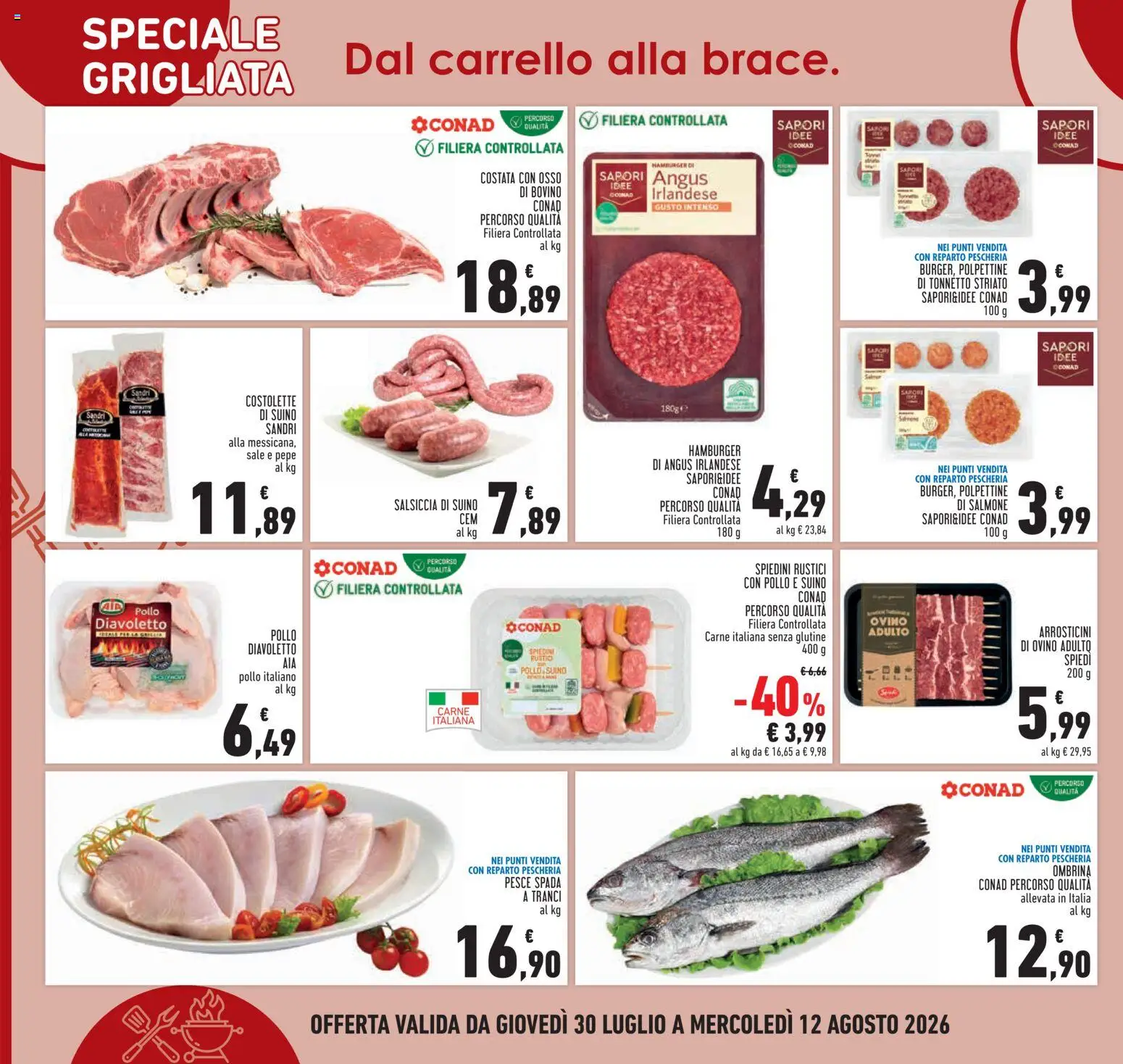 Volantino Conad del 30/07/2026 | Pagina: 10 | Prodotti: Suino, Hamburger, Arrosticini, Ovino