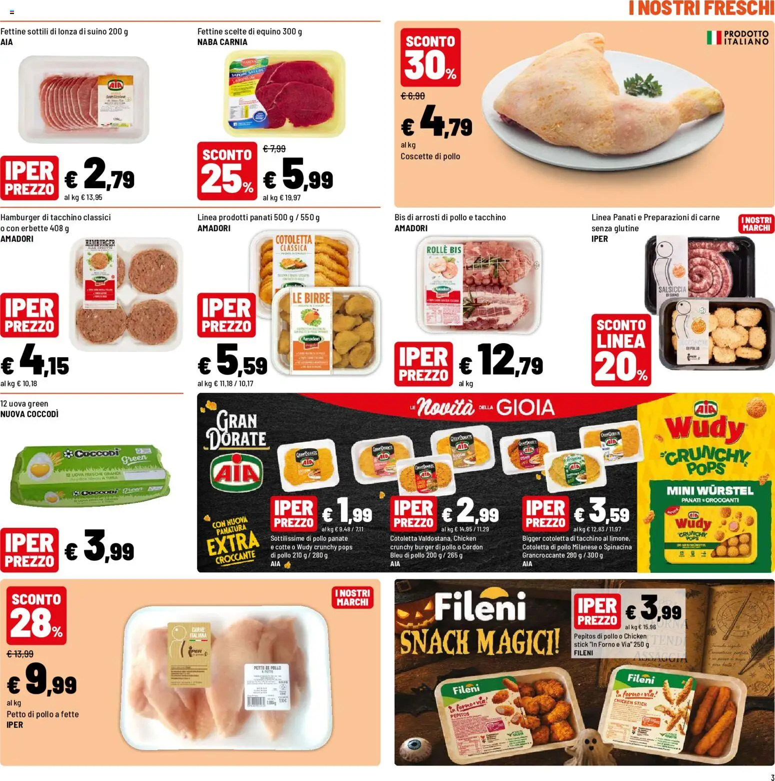 Volantino Iper del 23/10/2026 | Pagina: 3 | Prodotti: Pollo, Salsiccia, Wurstel, Carne
