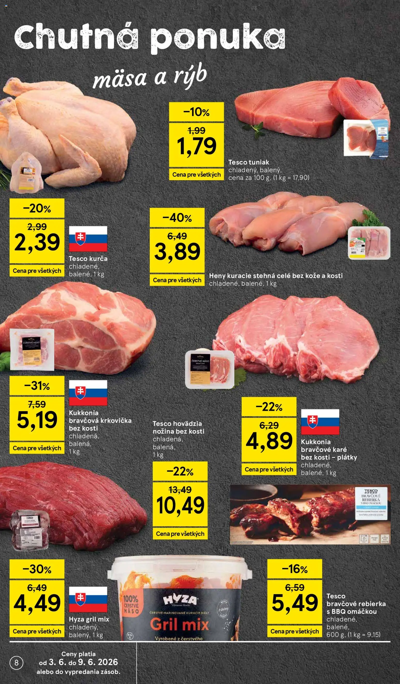 Nové Tesco akcie – leták je platný od 03.06.2026 | Strana: 8 | Produkty: Gril, Tuniak, Bravčová krkovička