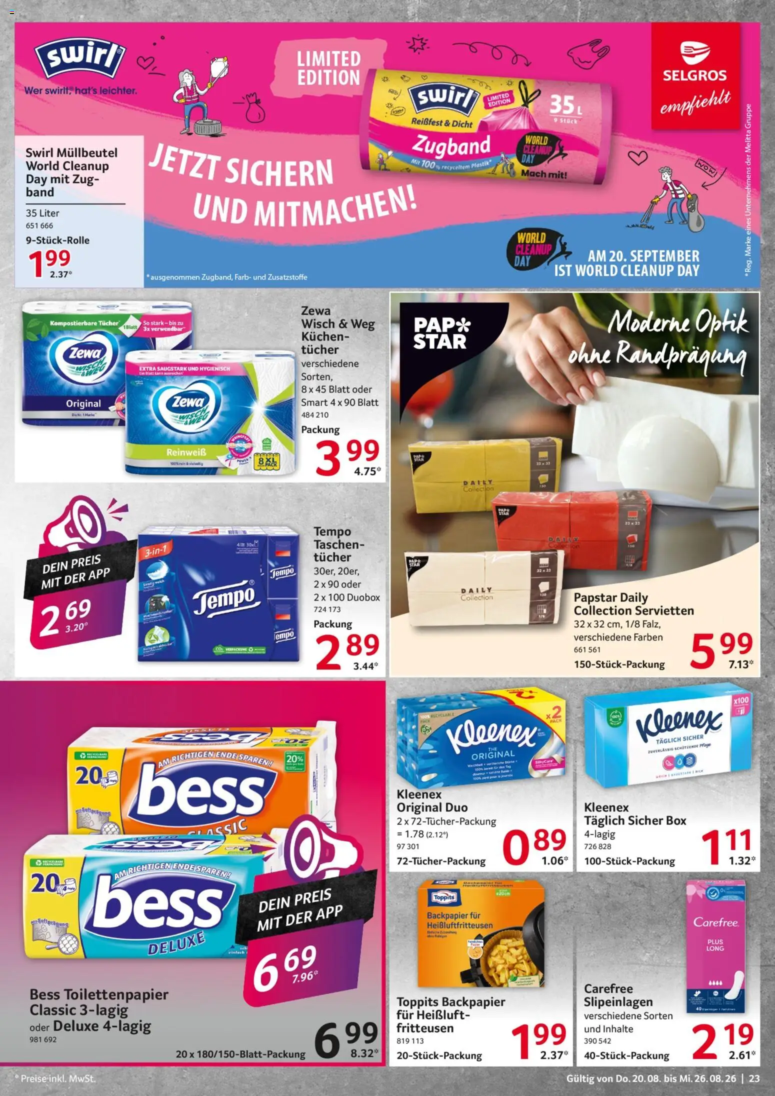 Selgros Prospekt – gültig ab 20.08.2026 | Seite: 23 | Produkte: Taschen, Box, Zewa, Tempo