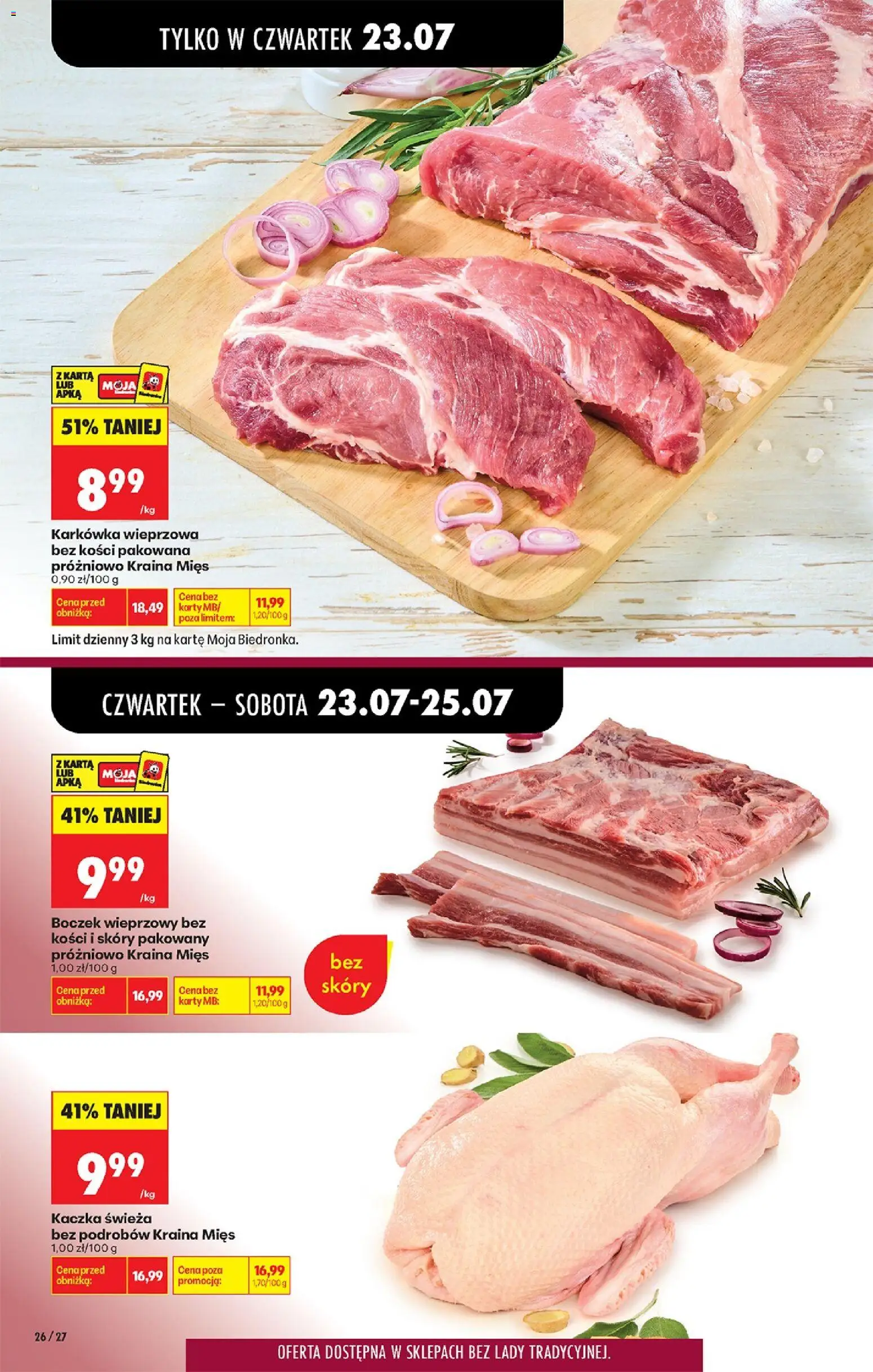 Biedronka gazetka od czwartku od 23.07.2026 | Strona: 44 | Produkty: Karta, Kraina mięs, Boczek wieprzowy, Kaczka