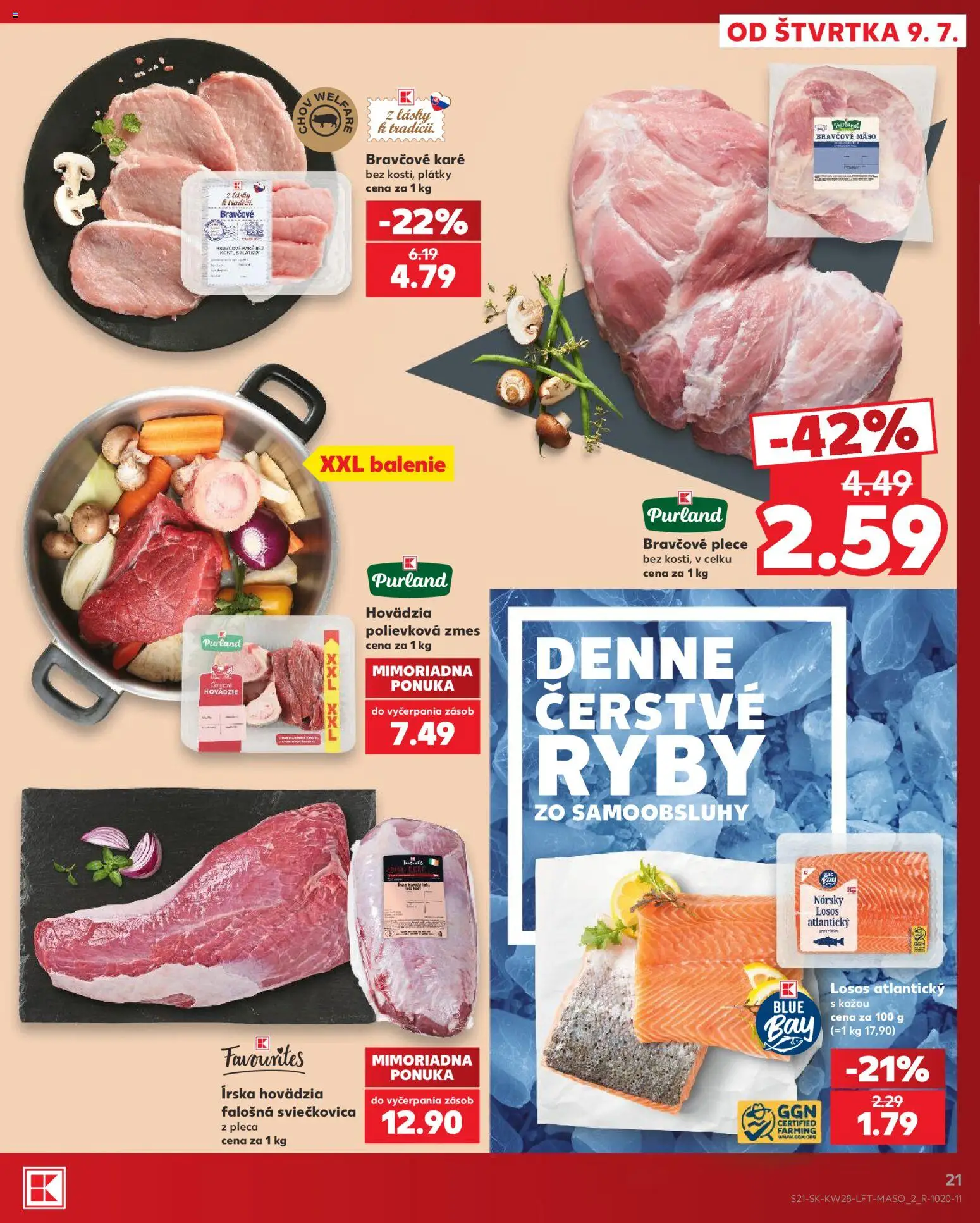 Nové Kaufland akcie – leták je platný od 09.07.2026 | Strana: 21 | Produkty: Ryby, Bravčové plece, Bravčové mäso, Bravčové karé