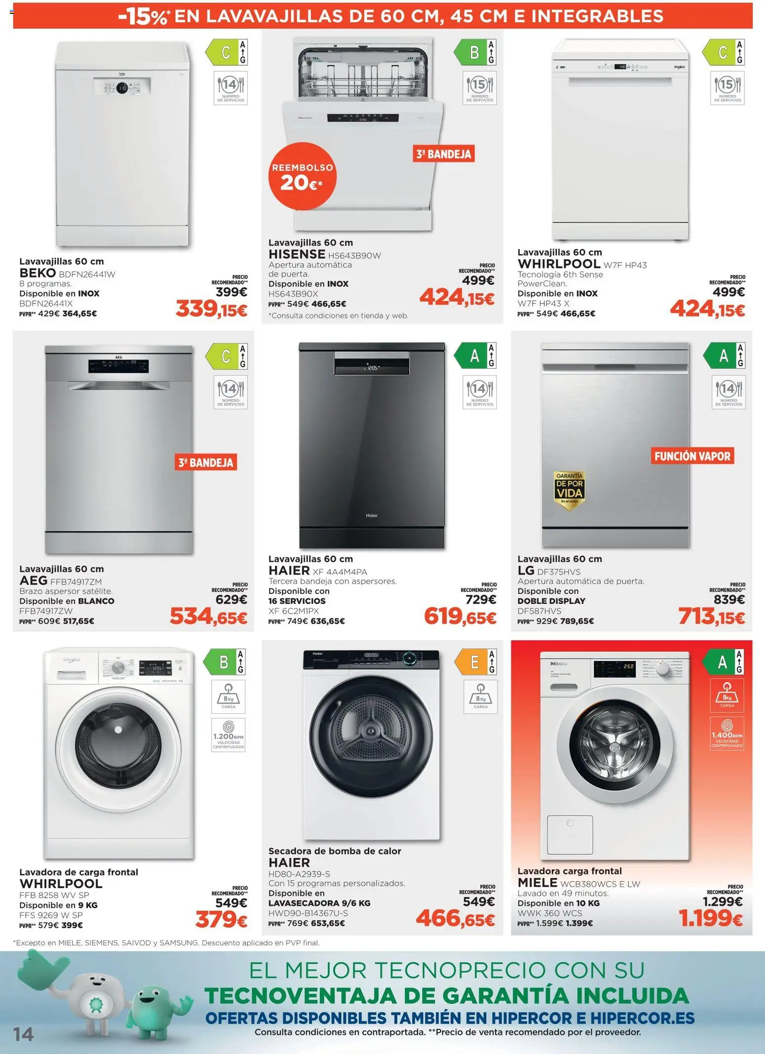 El Corte Inglés ofertas Haier │ válido desde el 15/07/2026 | Página: 14 | Productos: Lavadora, Secadora, Lavavajillas, Bandeja