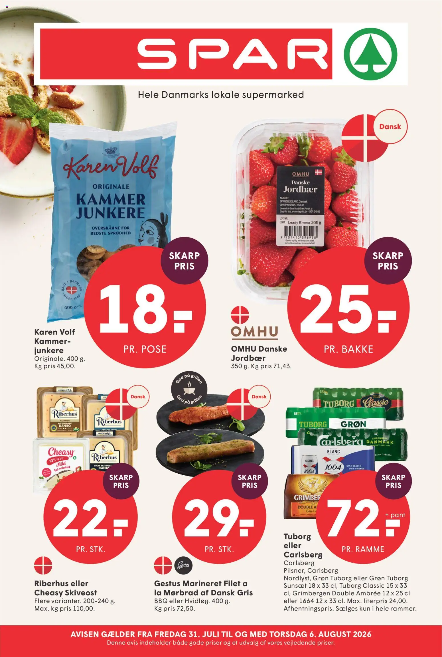 Spar tilbudsavis – gyldig fra 31/07/2026 | Side: 1 | Produkter: Jordbær, Skiveost, Søm