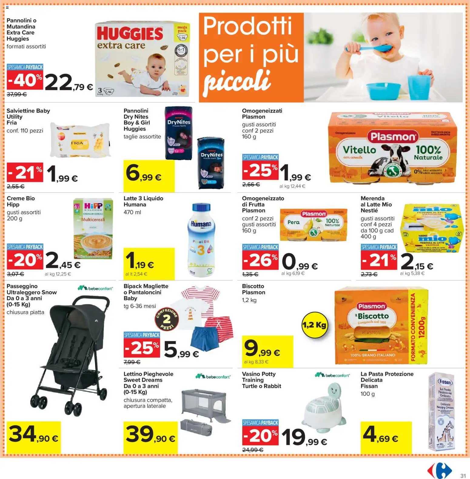 Volantino Carrefour del 19.05.2026 | Pagina: 31 | Prodotti: Pannolini, Pera, Lettino, Passeggino