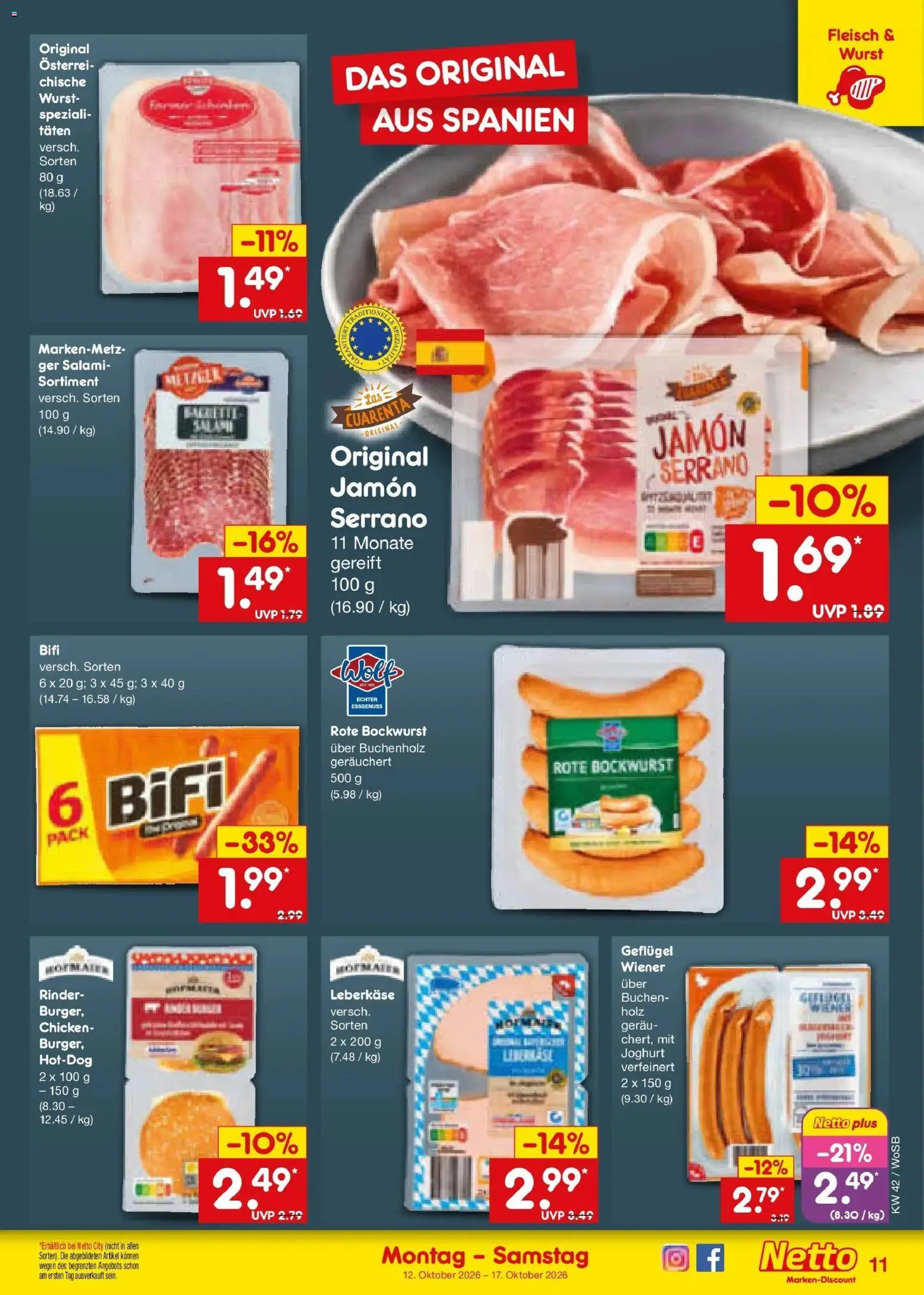 Netto Marken-Discount Prospekt Ludwigshafen-Edigheim (ab 12.10.2026) » Angebote | Seite: 13 | Produkte: Bockwurst, Joghurt, Salami, Fleisch