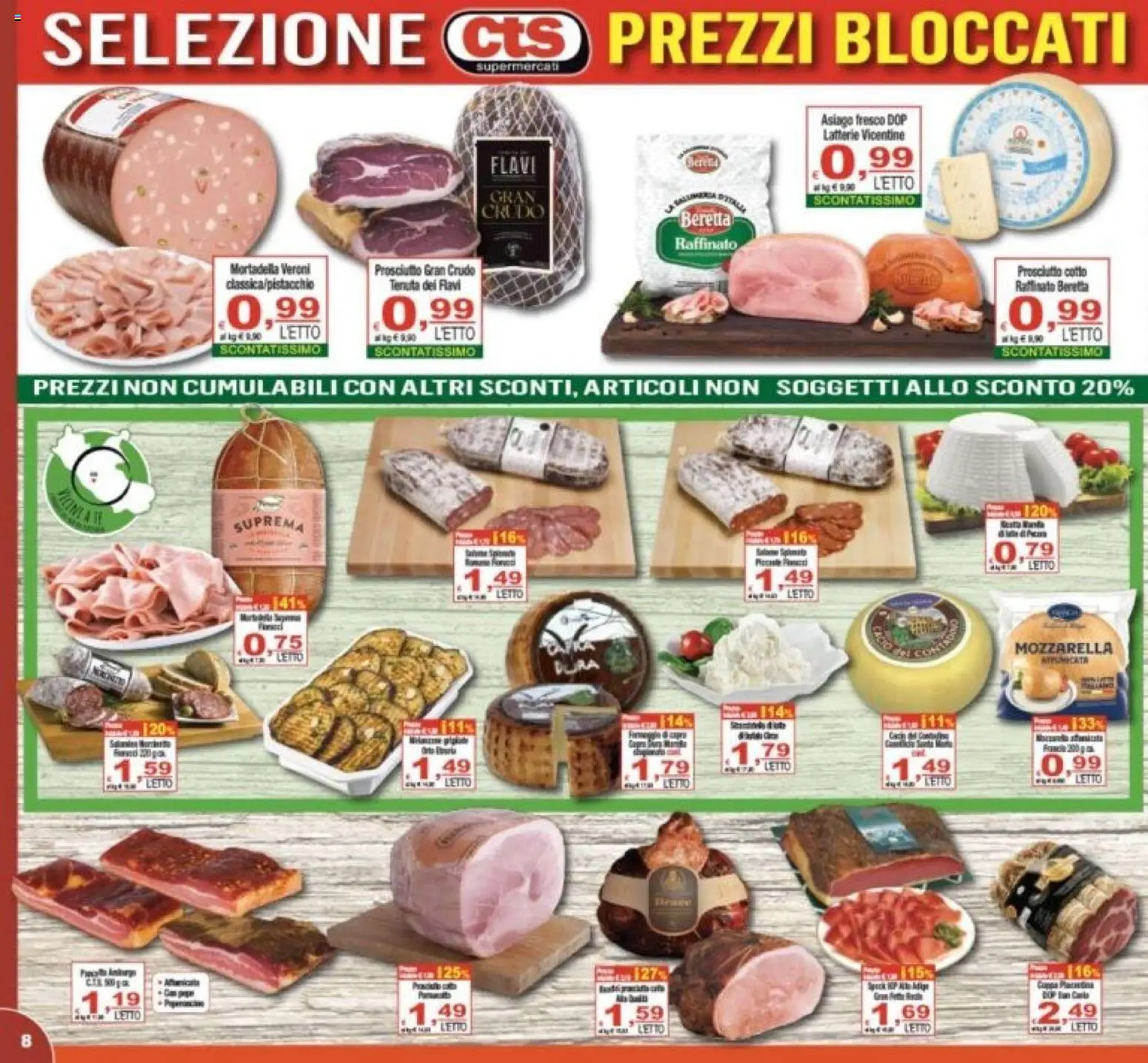 Volantino CTS del 31/07/2026 | Pagina: 8 | Prodotti: Prosciutto Cotto, Mozzarella, Mortadella, Letto
