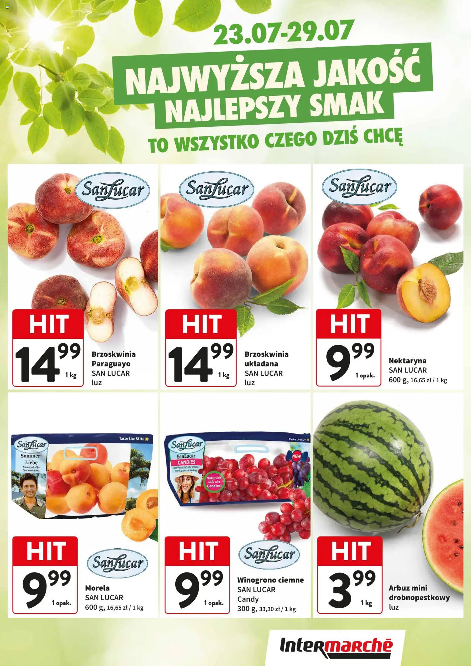 Intermarche gazetka - Świeży Hit od 23.07.2026 | Strona: 1 | Produkty: Brzoskwinia, Arbuz, Winogrono