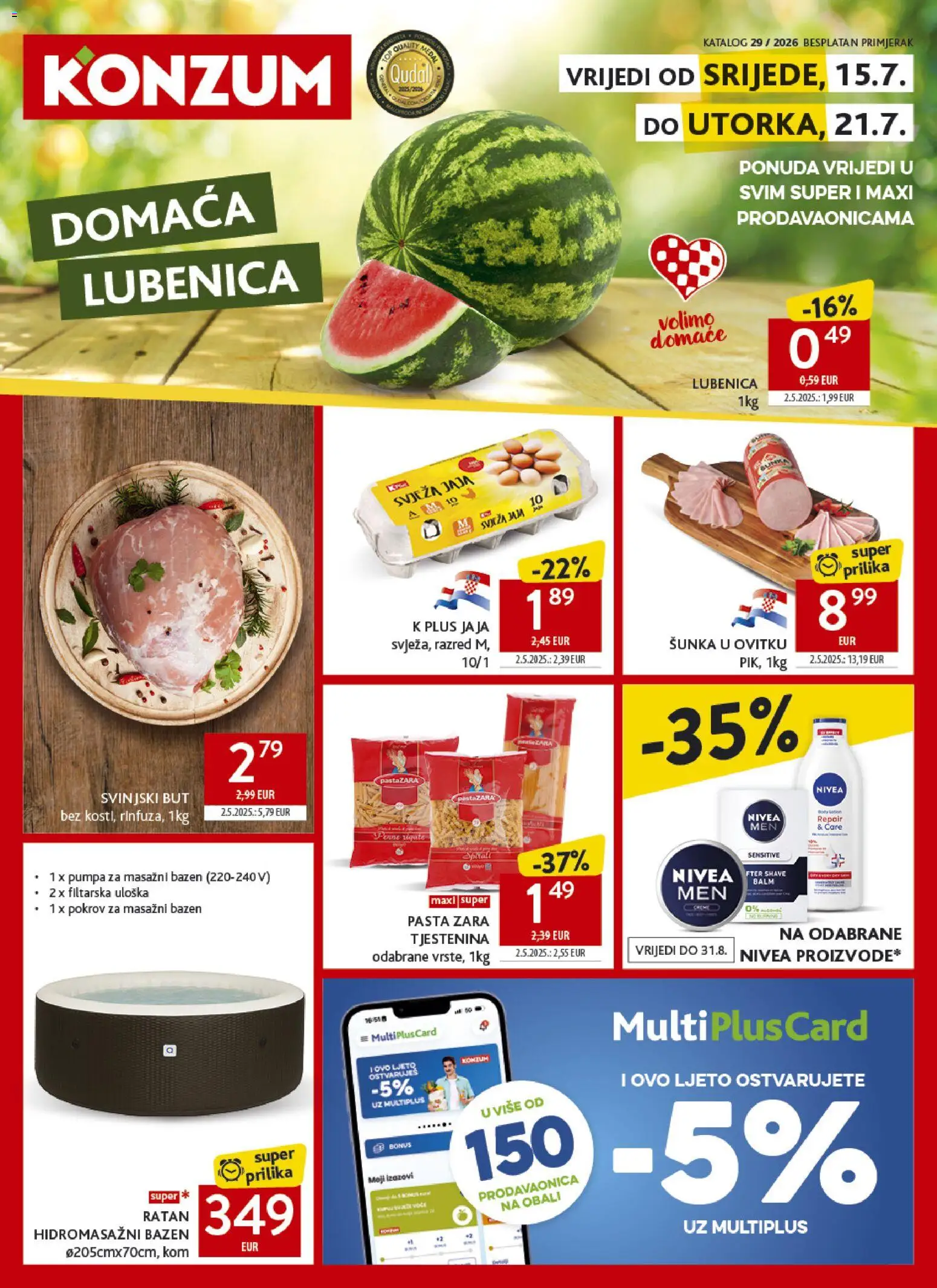 Konzum katalog | vrijedi od 15.07.2026 | Stranica: 1 | Proizvodi: Bazen, Šunka, Tjestenina, Pasta