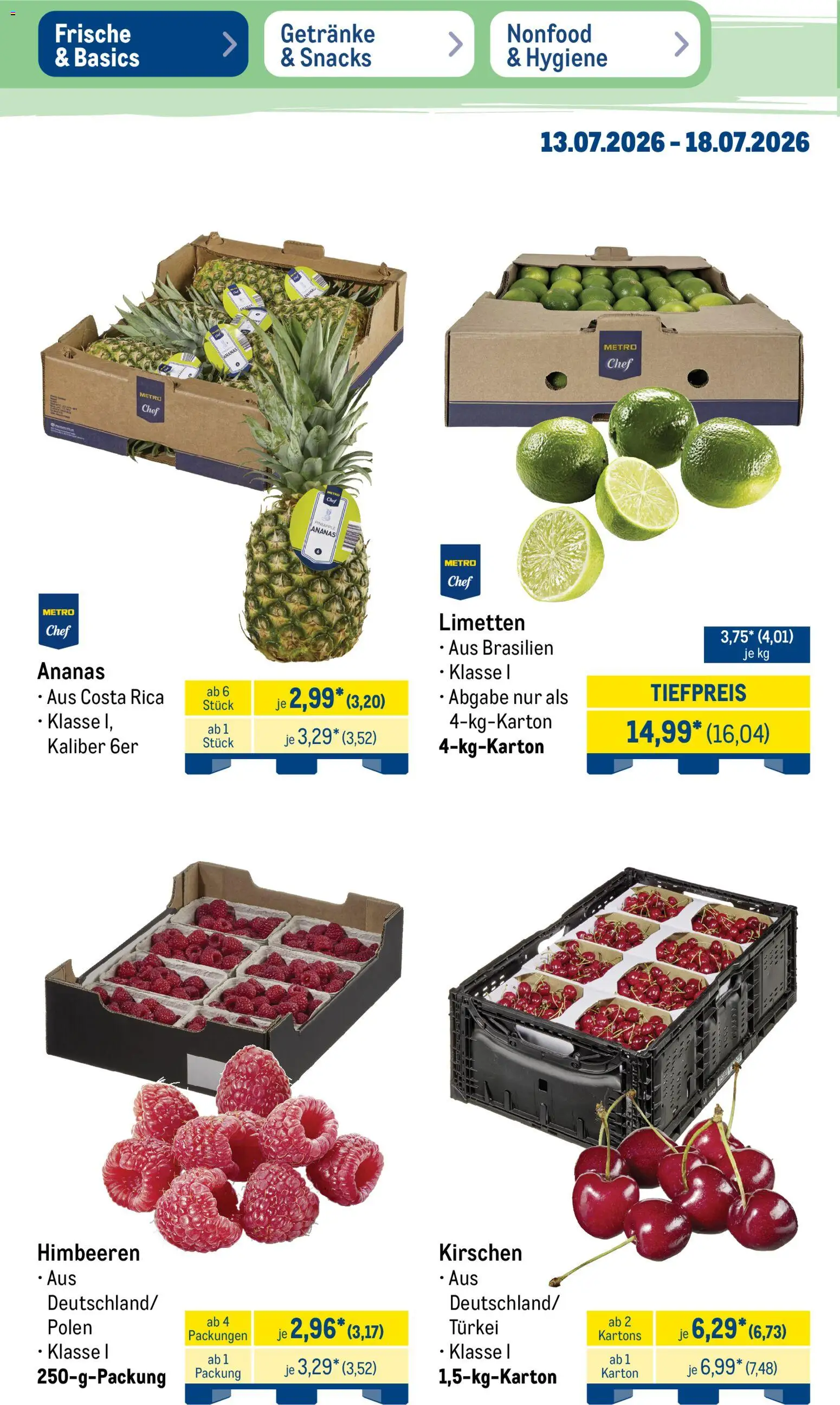 Metro NonFood-Angebote – gültig ab 13.07.2026 | Seite: 39 | Produkte: Himbeeren, Limetten, Ananas, Kirschen