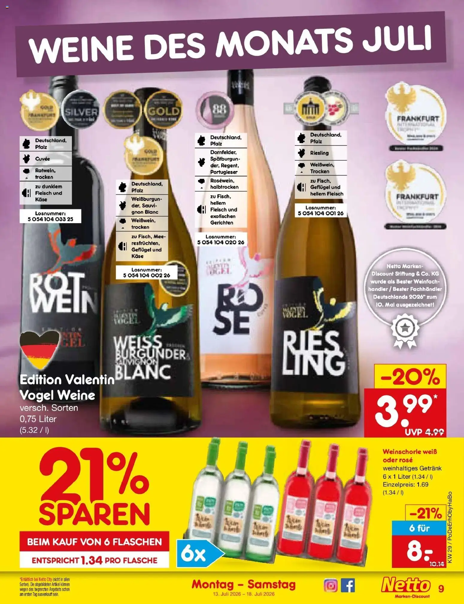 Netto Marken-Discount Prospekt Buttenwiesen – gültig ab 13.07.2026 | Seite: 9 | Produkte: Käse, Weinschorle, Fleisch