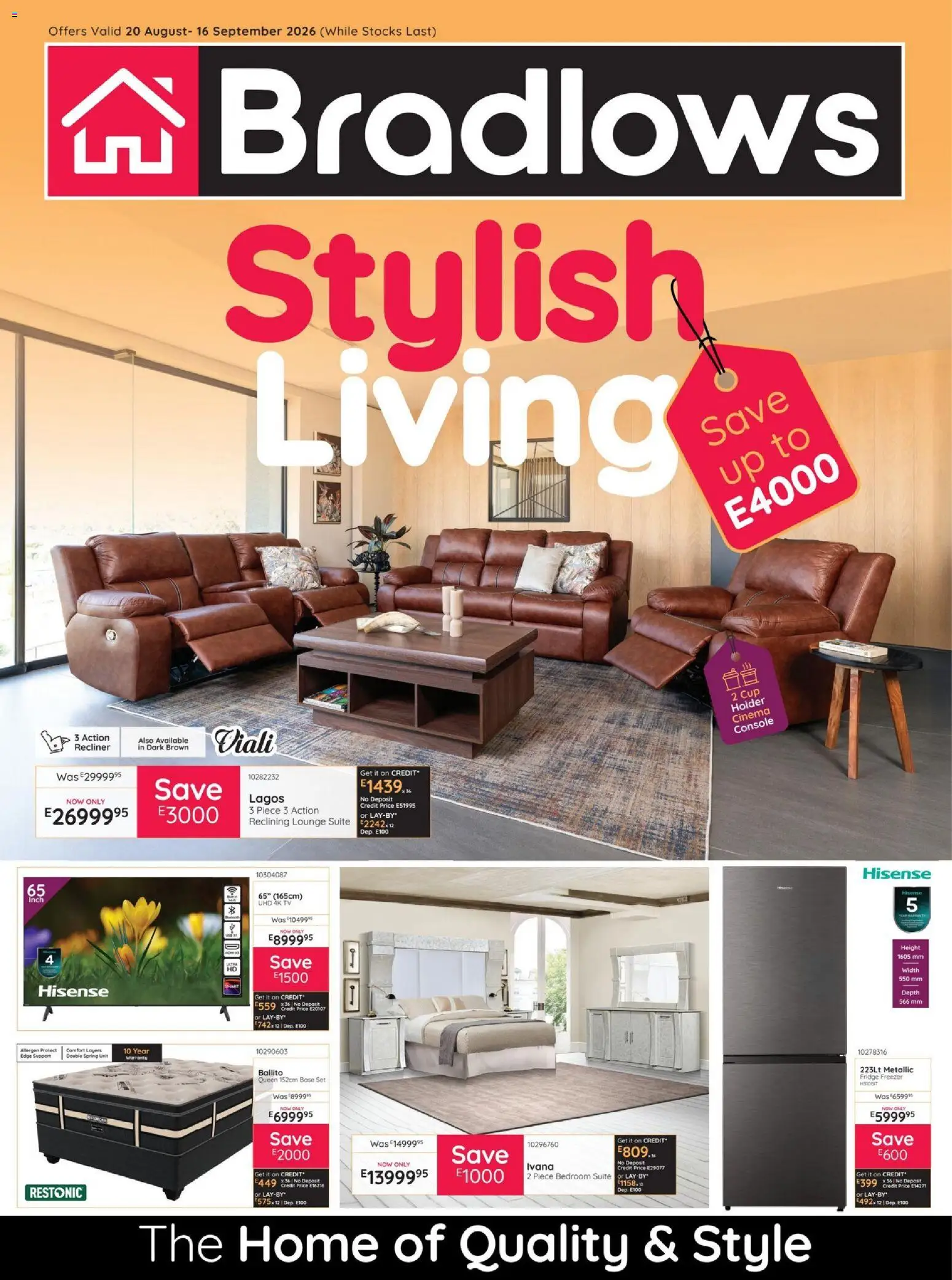 New Bradlows catalogue – valid from 20/08/2026 | Page: 1 | Products: Freezer, TV, Fridge, Lounge suite