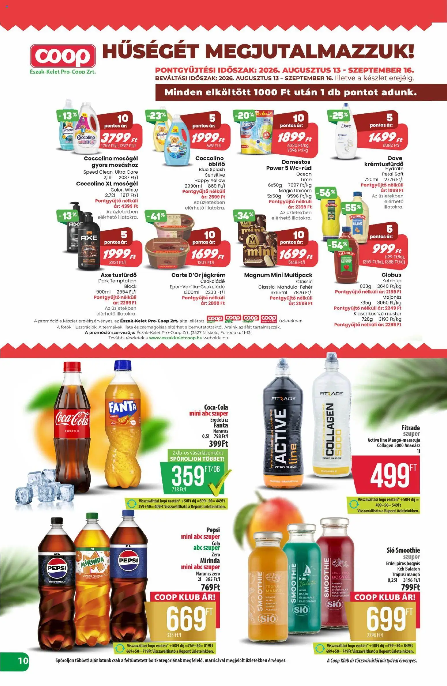 COOP akciós ujság - amely érvényes a következő dátumtól: 2026.08.27. | Oldal: 10 | Termékek: Coccolino, Áfonya, Mirinda, Tusfürdő