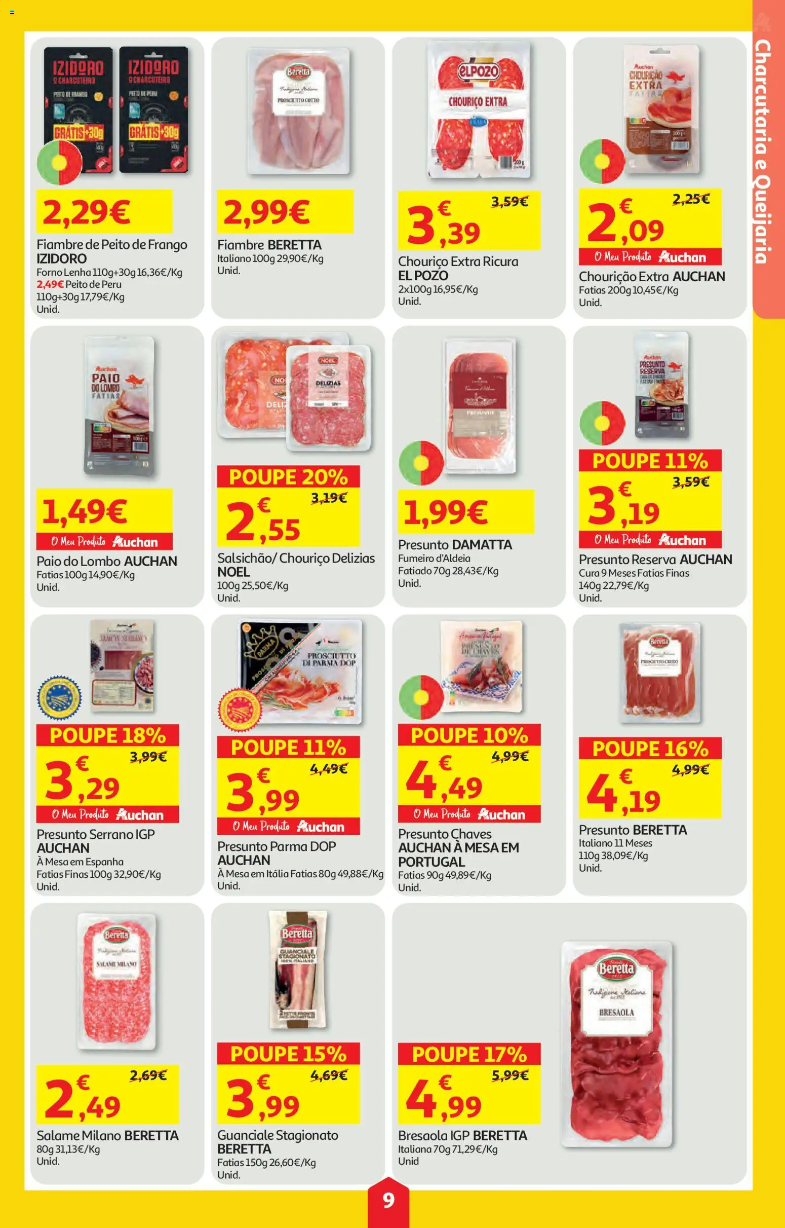 Auchan folheto │ válido de 09/07/2026 | Página: 9 | Produtos: Peito de frango, Lombo, Salame, Chouriço