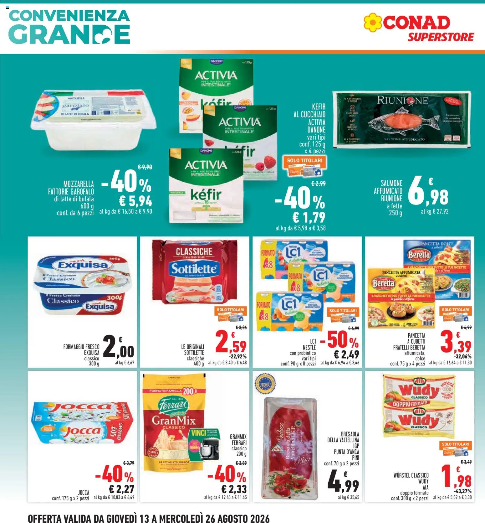 Volantino Conad del 13/08/2026 | Pagina: 2 | Prodotti: Salmone, Garofalo, Pancetta, Formaggio
