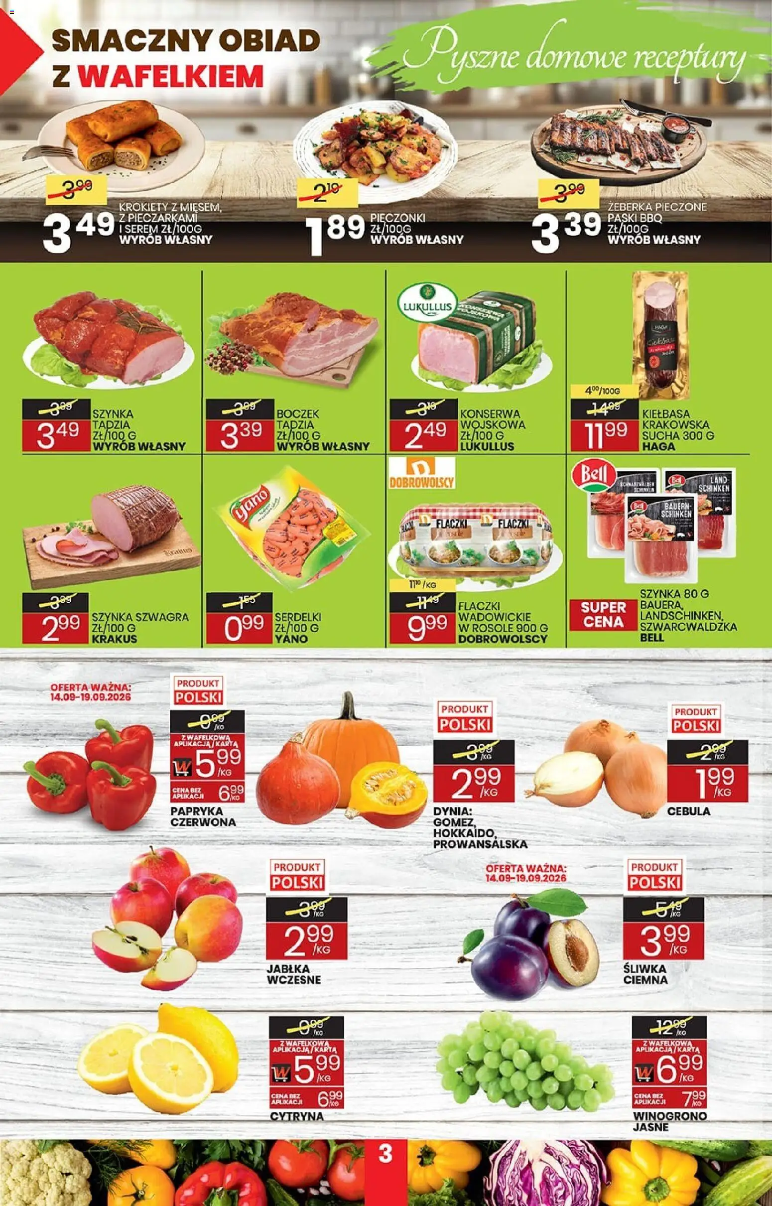 Wafelek gazetka od 07.09.2026 | Strona: 3 | Produkty: Karta, Szynka, Kiełbasa krakowska, Jabłka